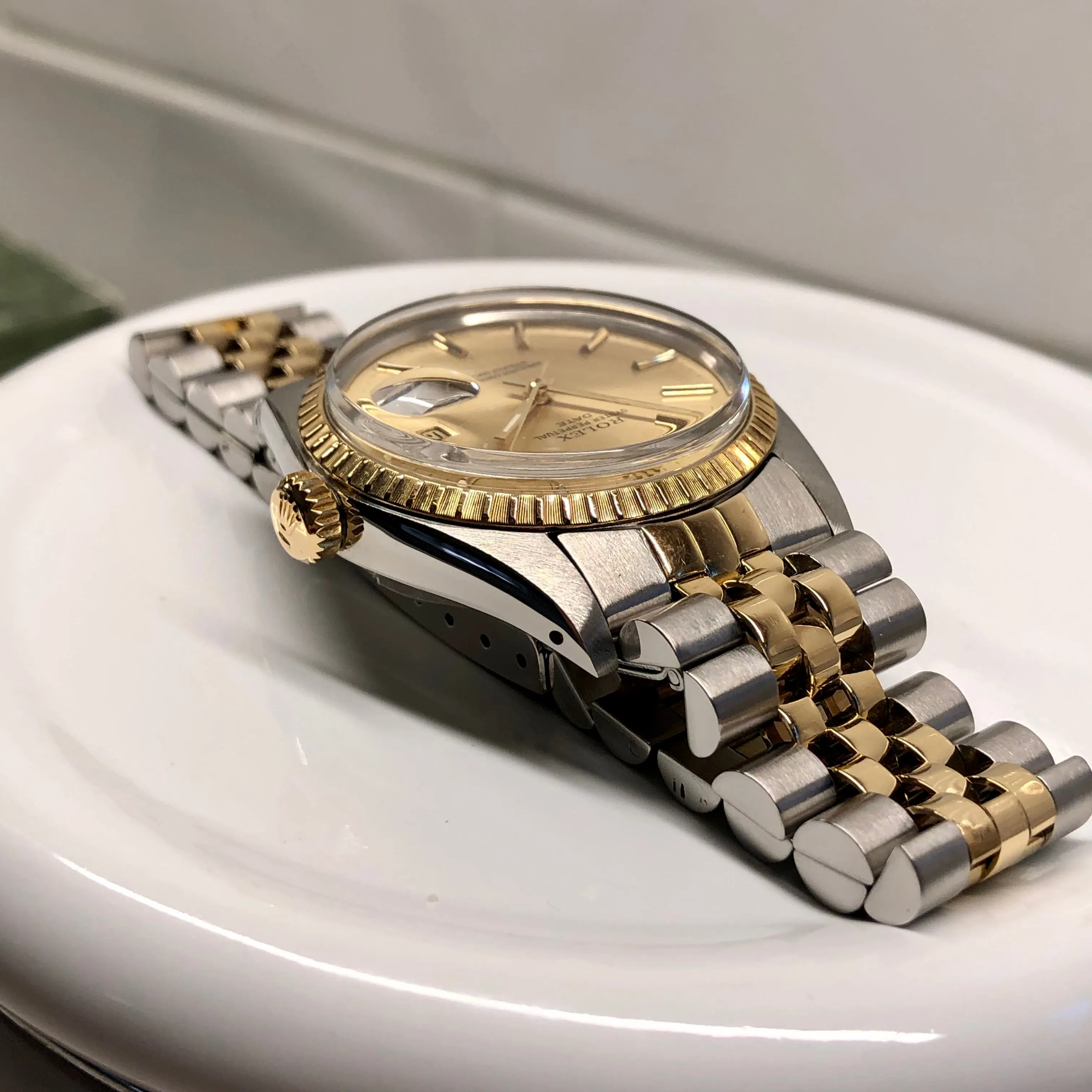 1980 Rolex Date 1505 Two Tone Engine Turned Champagne Jubilee Wristwatch