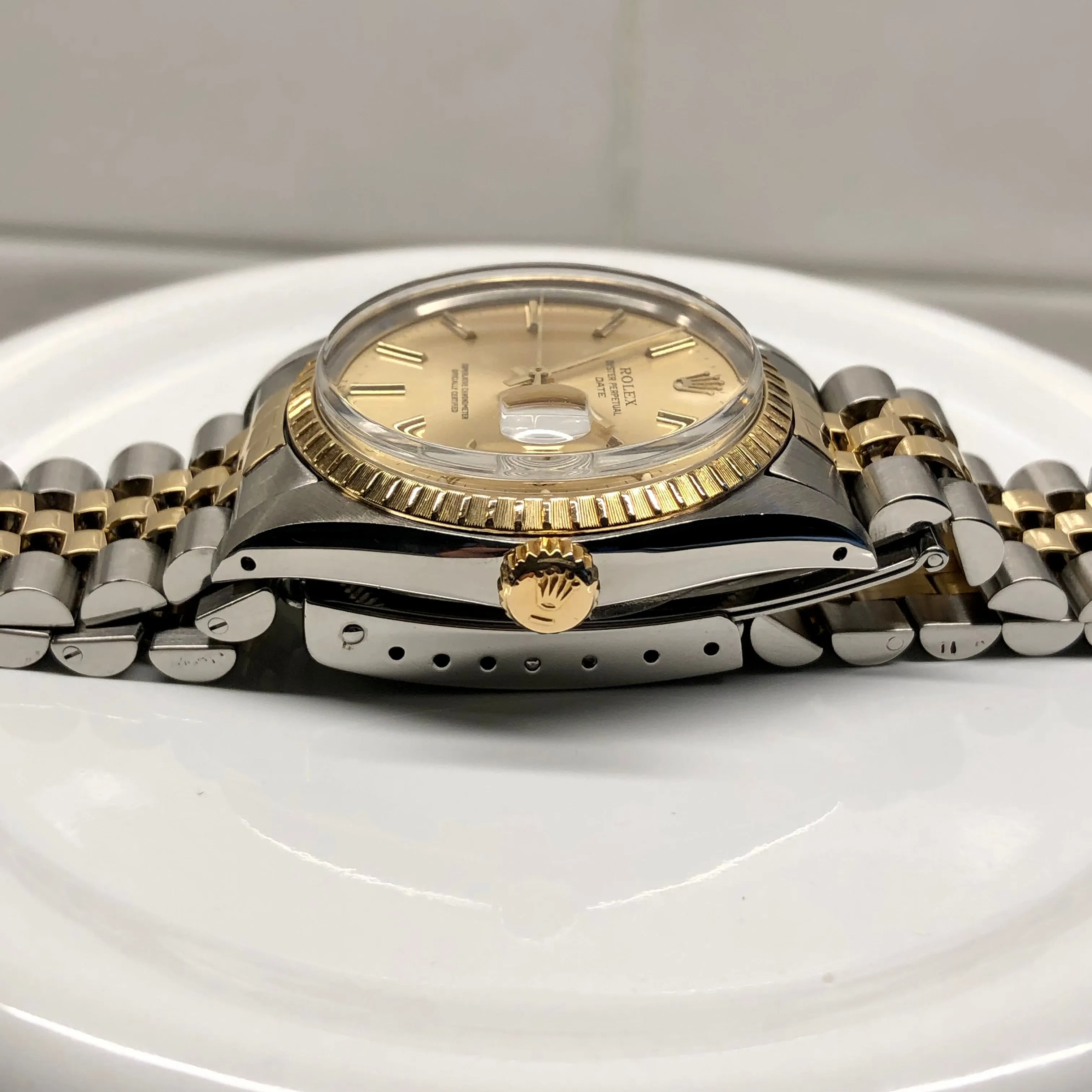 1980 Rolex Date 1505 Two Tone Engine Turned Champagne Jubilee Wristwatch