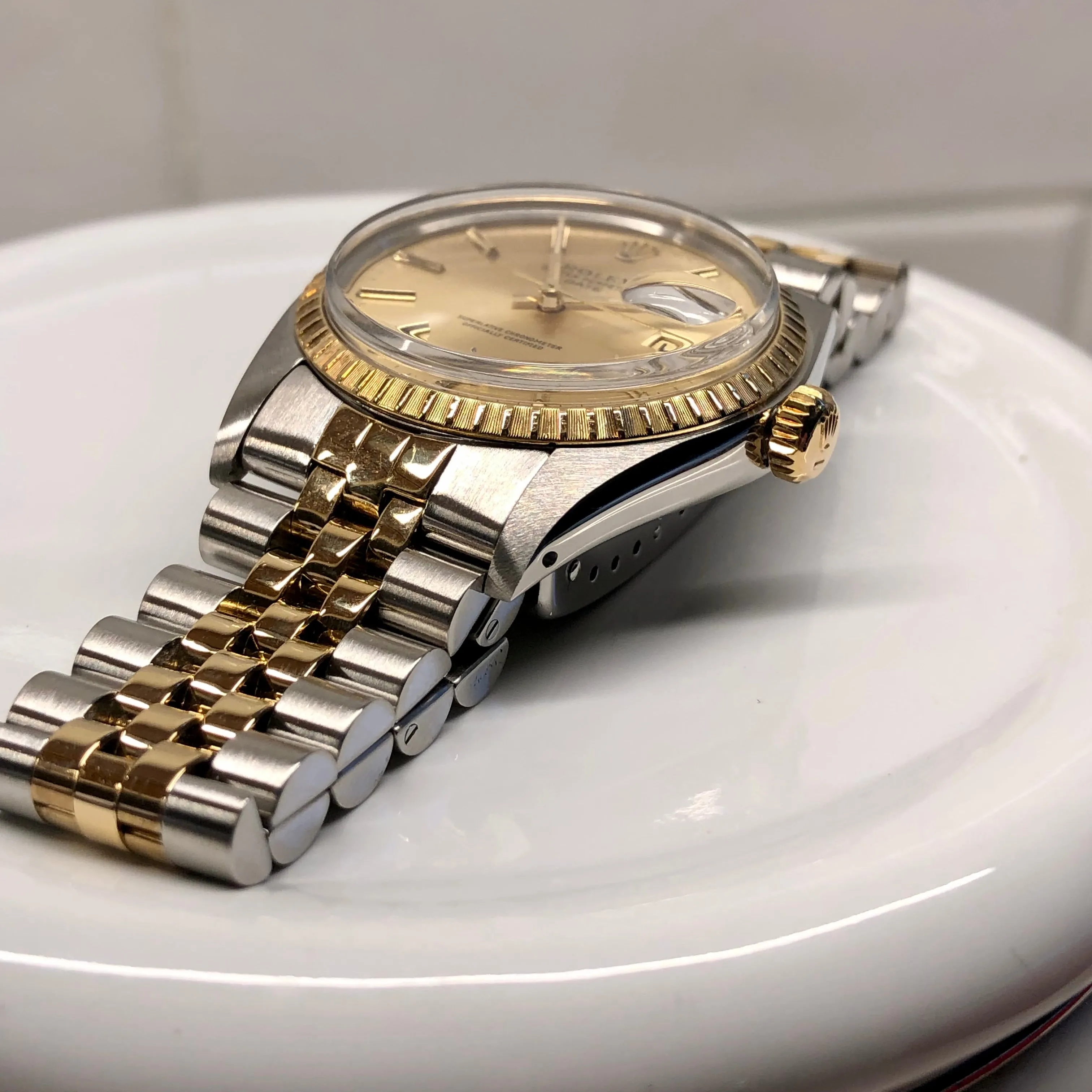 1980 Rolex Date 1505 Two Tone Engine Turned Champagne Jubilee Wristwatch