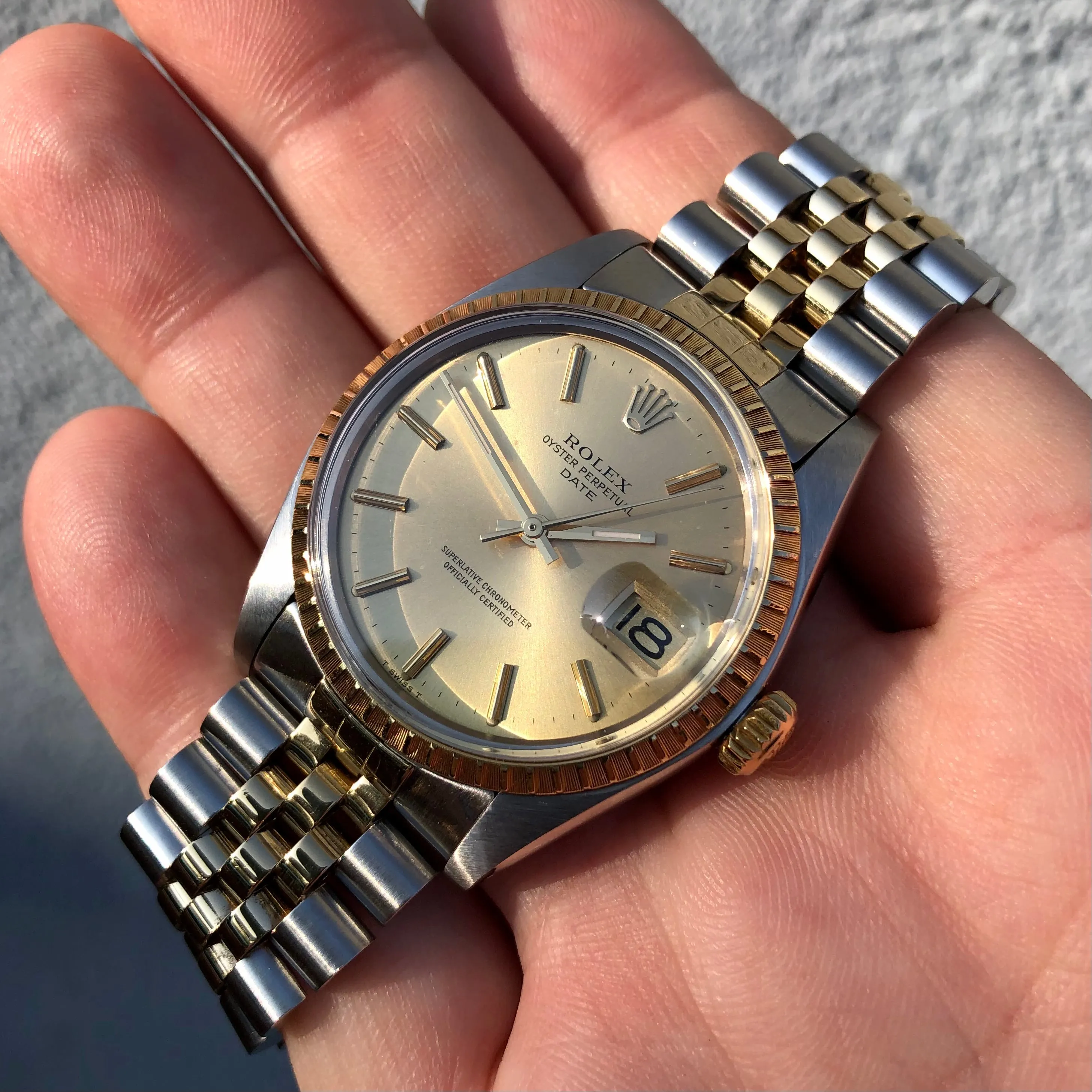 1980 Rolex Date 1505 Two Tone Engine Turned Champagne Jubilee Wristwatch