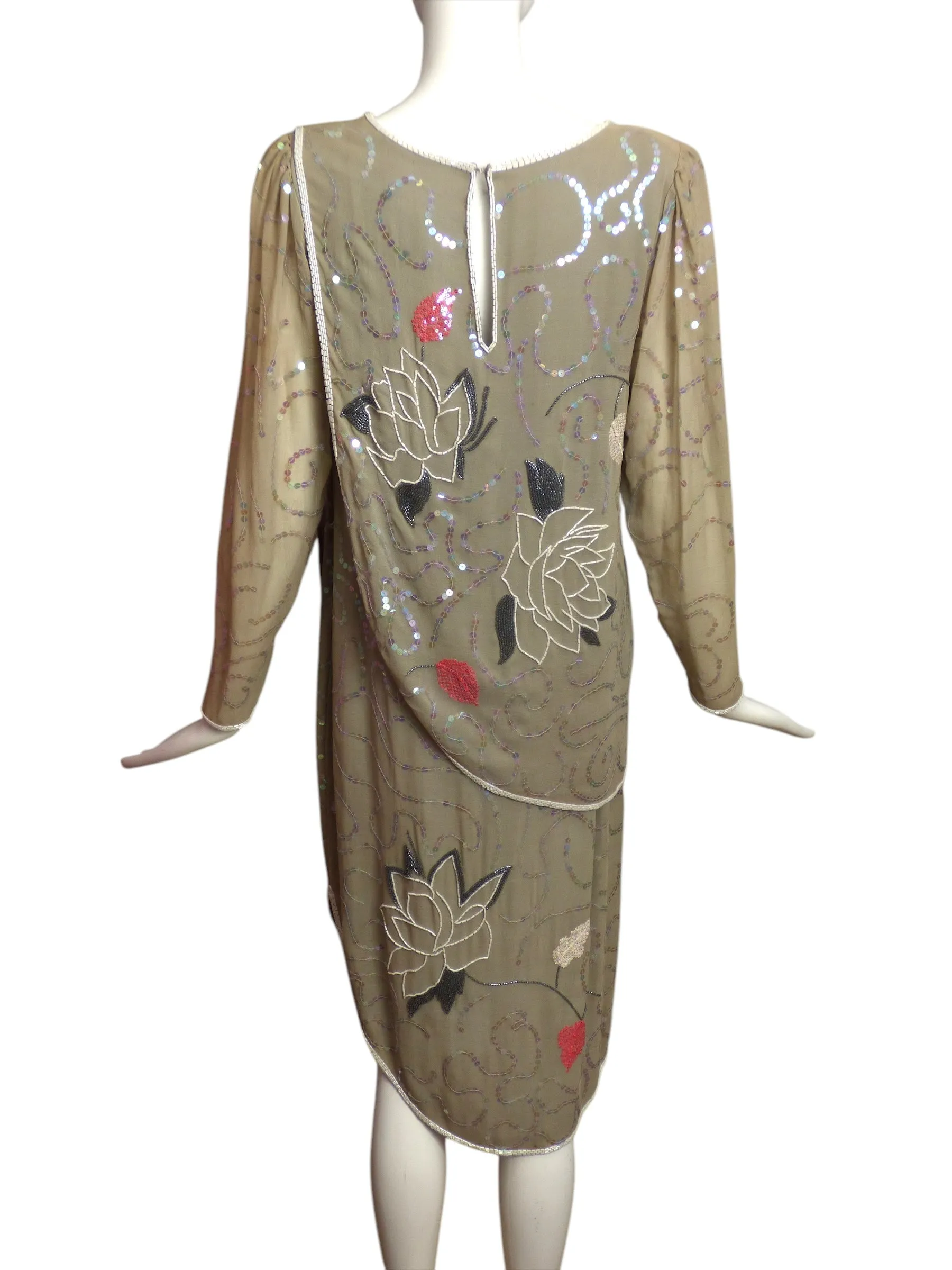 1980s Grey Beaded Chiffon Dress, Size 6