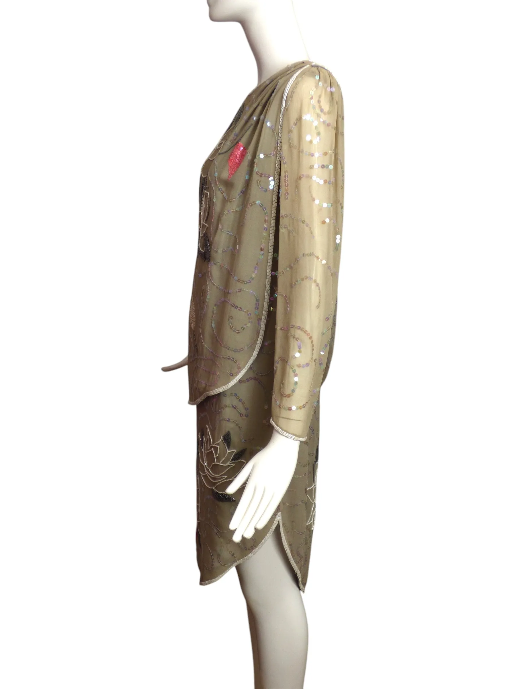 1980s Grey Beaded Chiffon Dress, Size 6