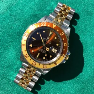 1981 Rolex GMT MASTER 16753 Root Beer Tiger Eye Nipple Jubilee Bracelet Wristwatch