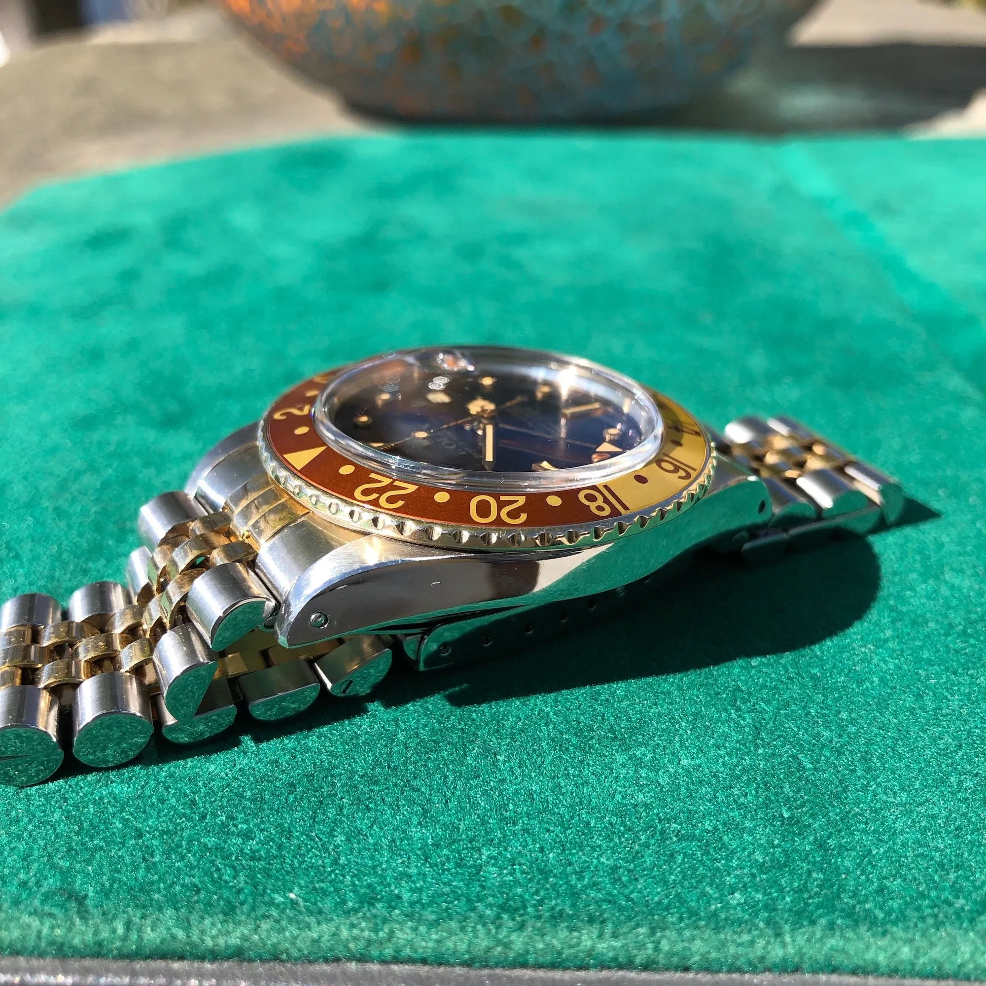 1981 Rolex GMT MASTER 16753 Root Beer Tiger Eye Nipple Jubilee Bracelet Wristwatch