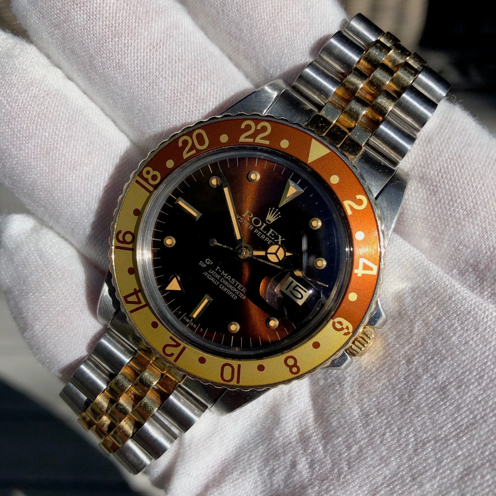 1981 Rolex GMT MASTER 16753 Root Beer Tiger Eye Nipple Jubilee Bracelet Wristwatch
