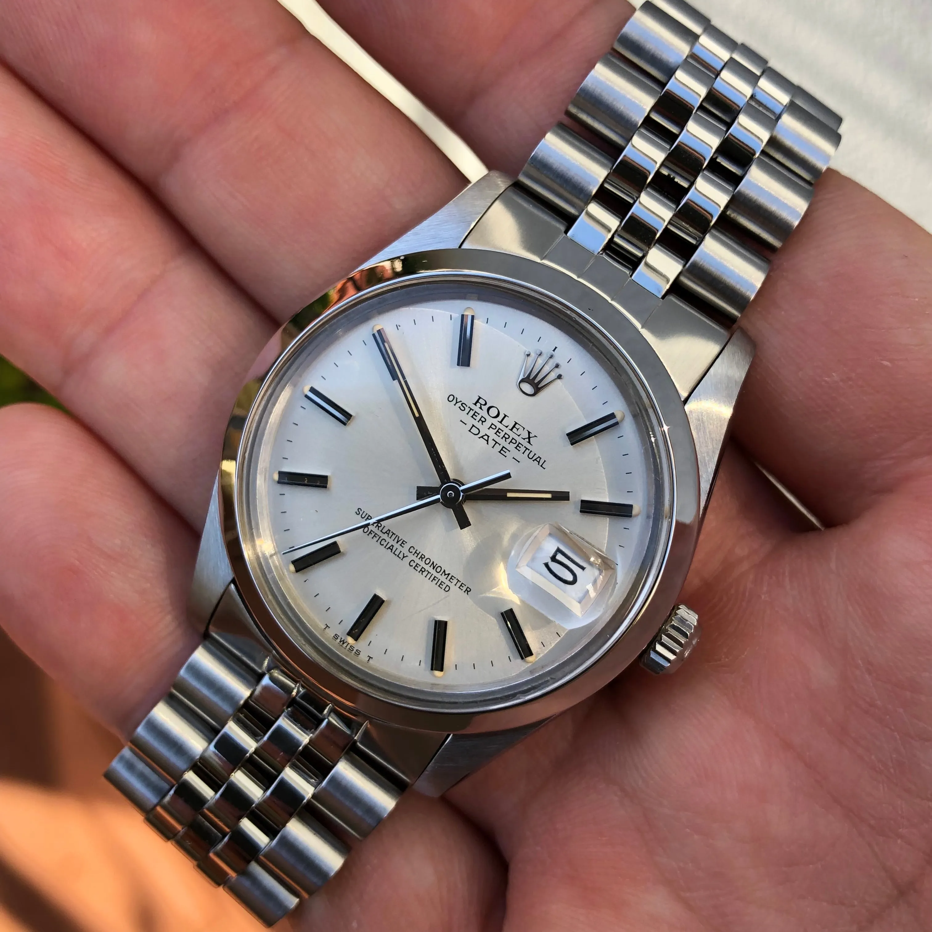 1982 Rolex Date 15000 Oyster Perpetual Jubilee Silver Dial Wristwatch