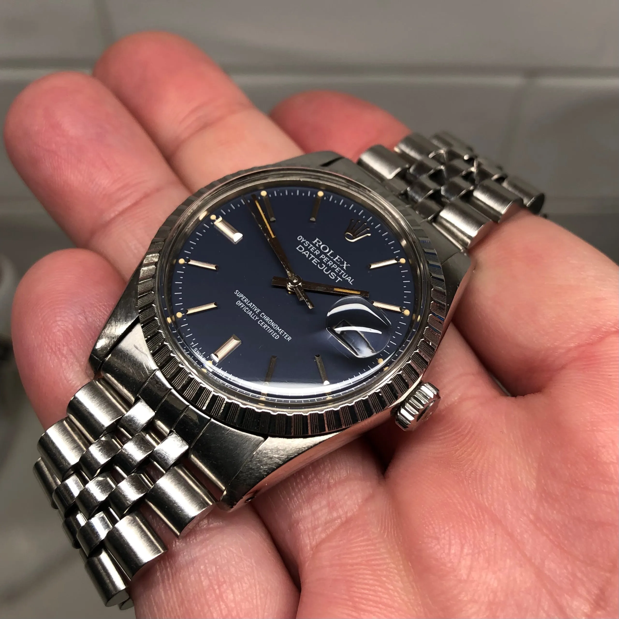1984 Rolex Datejust 16030 Steel Blue Engine Turned Automatic Wristwatch