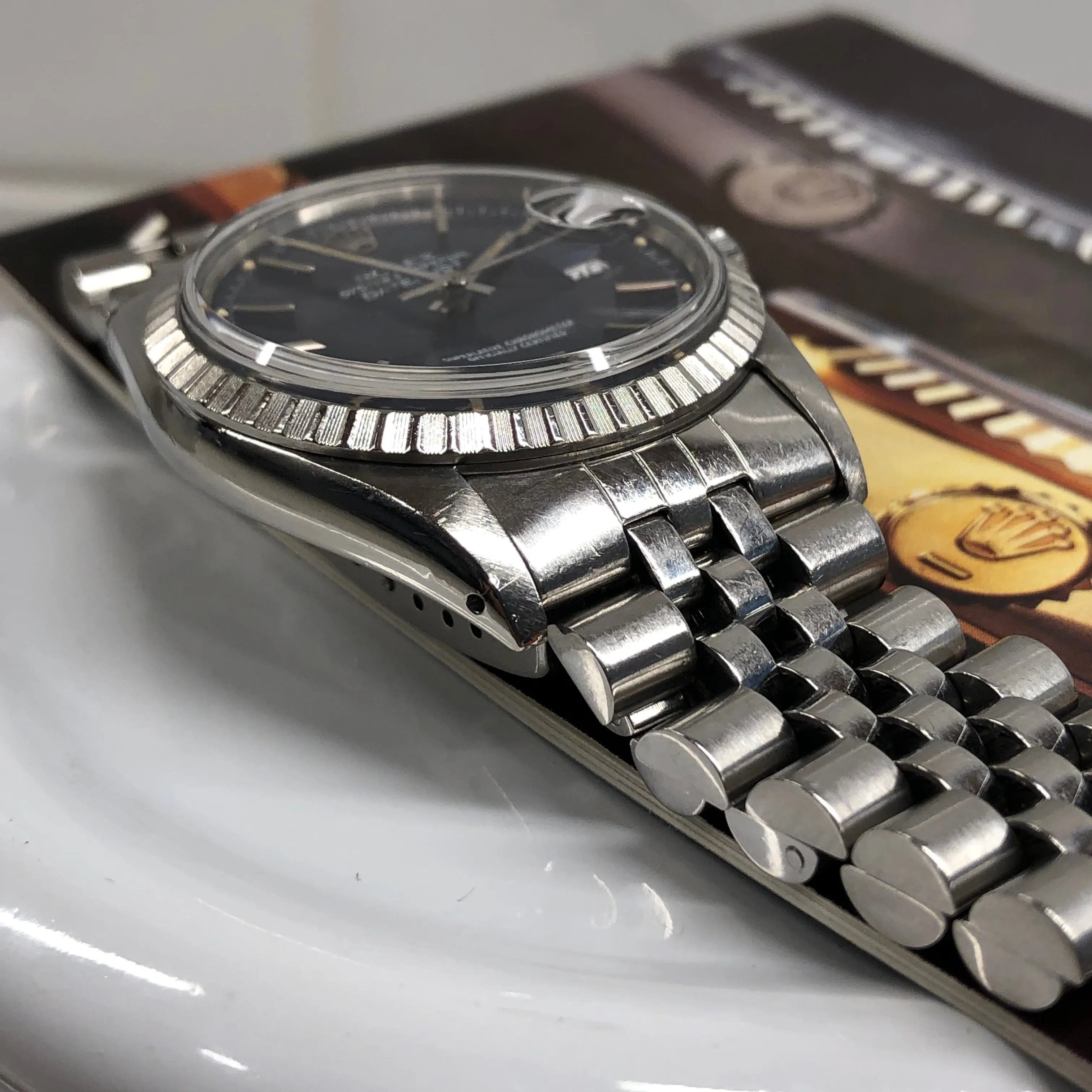 1984 Rolex Datejust 16030 Steel Blue Engine Turned Automatic Wristwatch