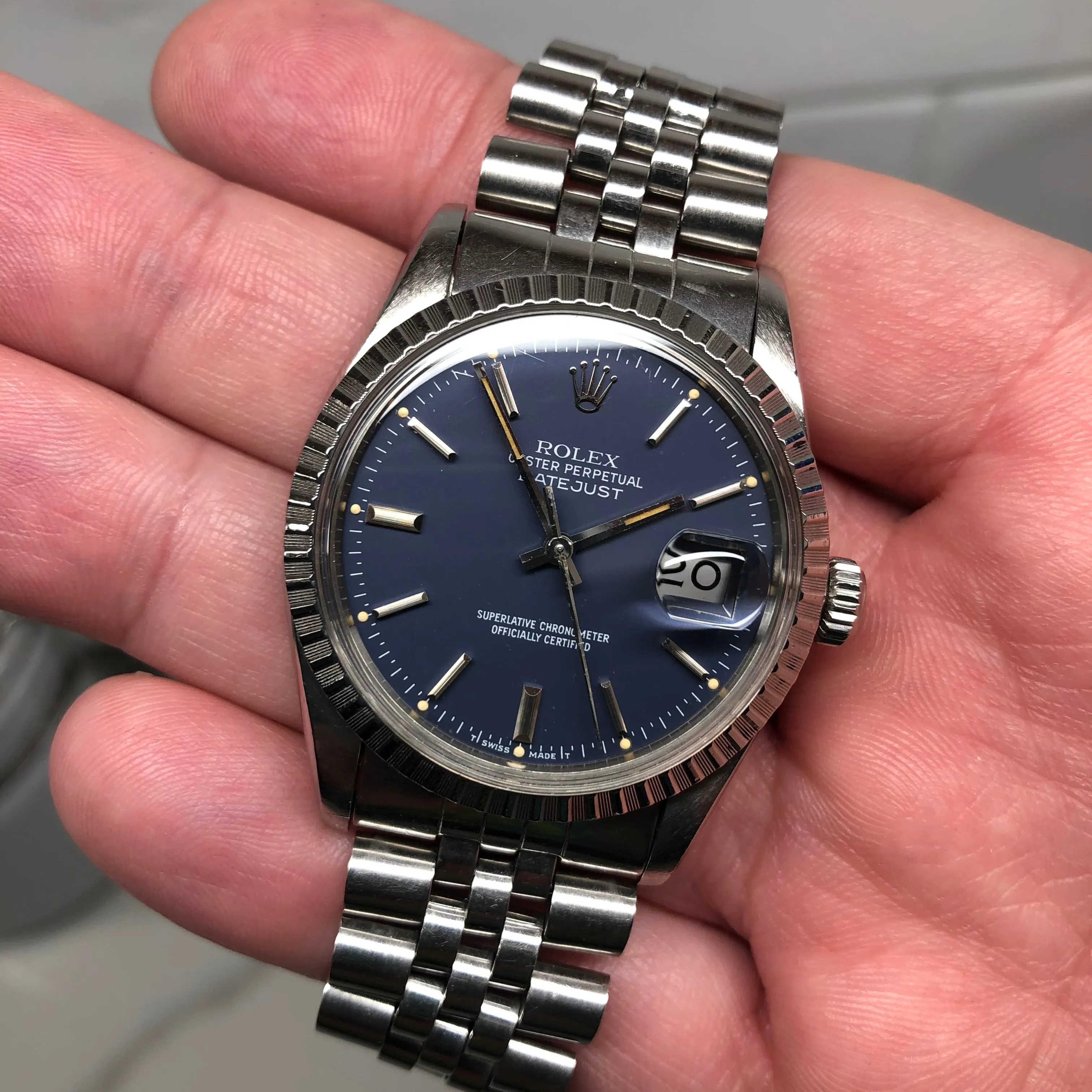 1984 Rolex Datejust 16030 Steel Blue Engine Turned Automatic Wristwatch