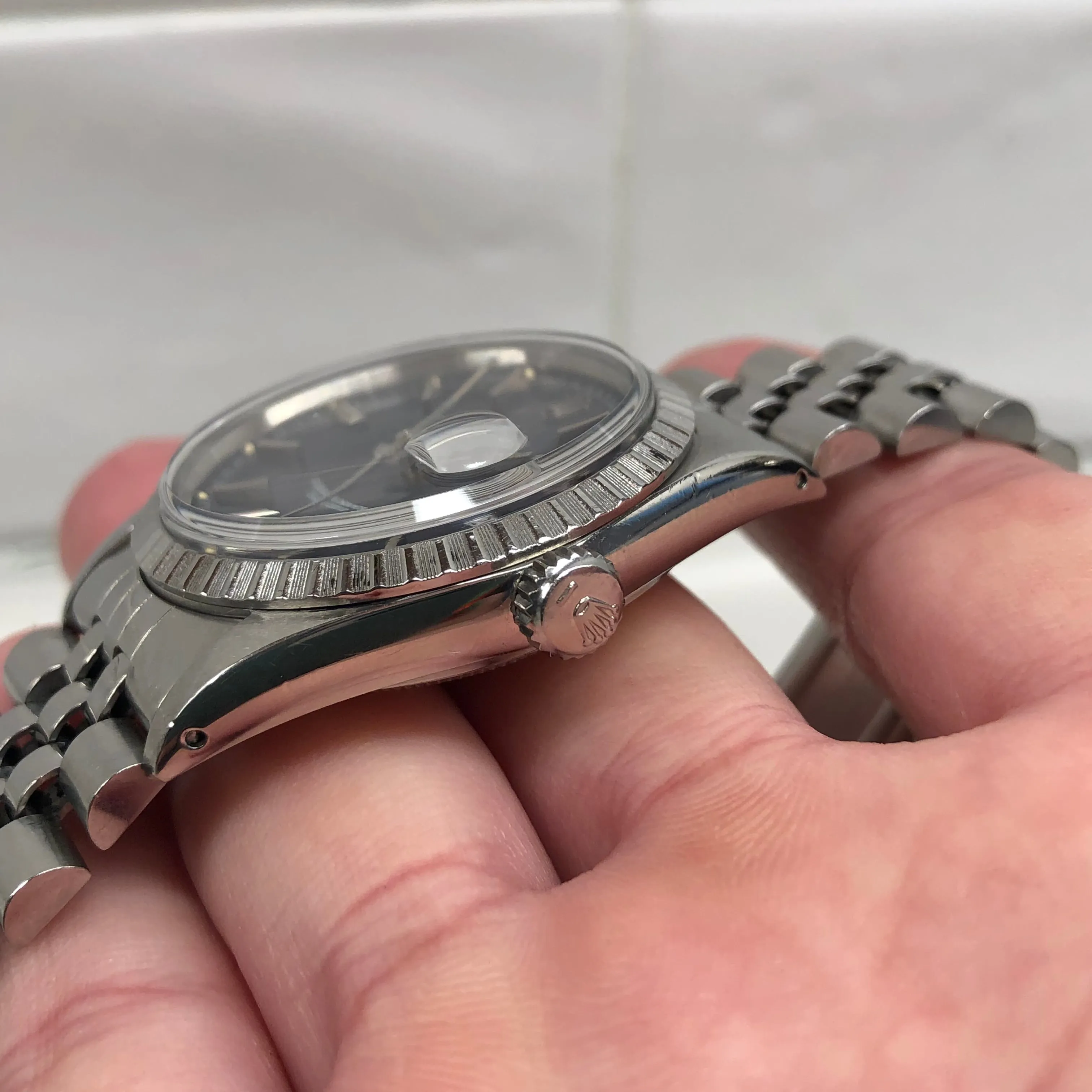 1984 Rolex Datejust 16030 Steel Blue Engine Turned Automatic Wristwatch