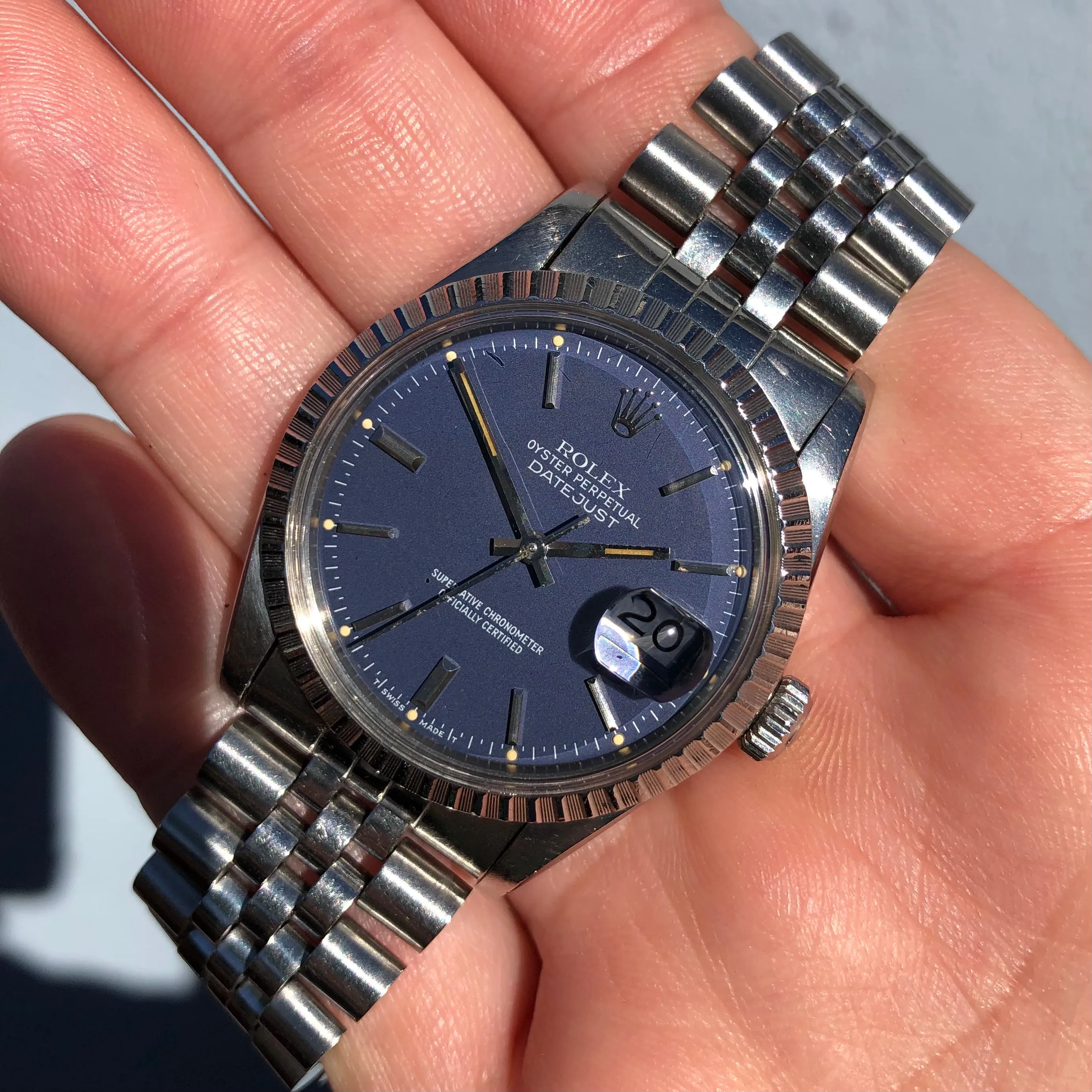 1984 Rolex Datejust 16030 Steel Blue Engine Turned Automatic Wristwatch