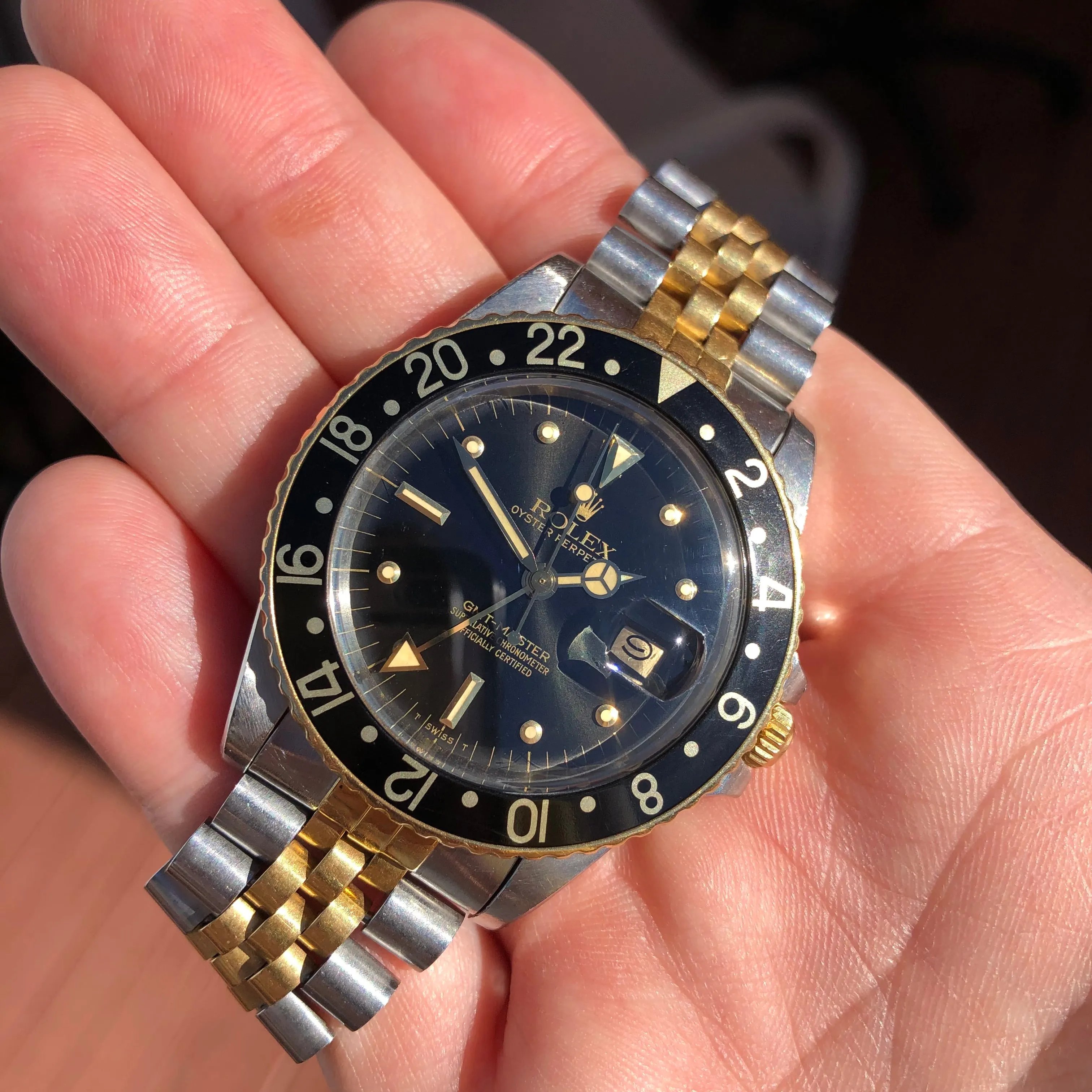 1984 Vintage Rolex GMT MASTER 16753 Black Nipple Tiger Eye Two Tone Jubilee Wristwatch