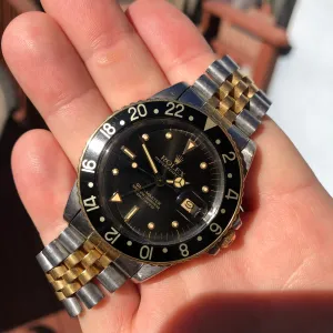 1984 Vintage Rolex GMT MASTER 16753 Black Nipple Tiger Eye Two Tone Jubilee Wristwatch