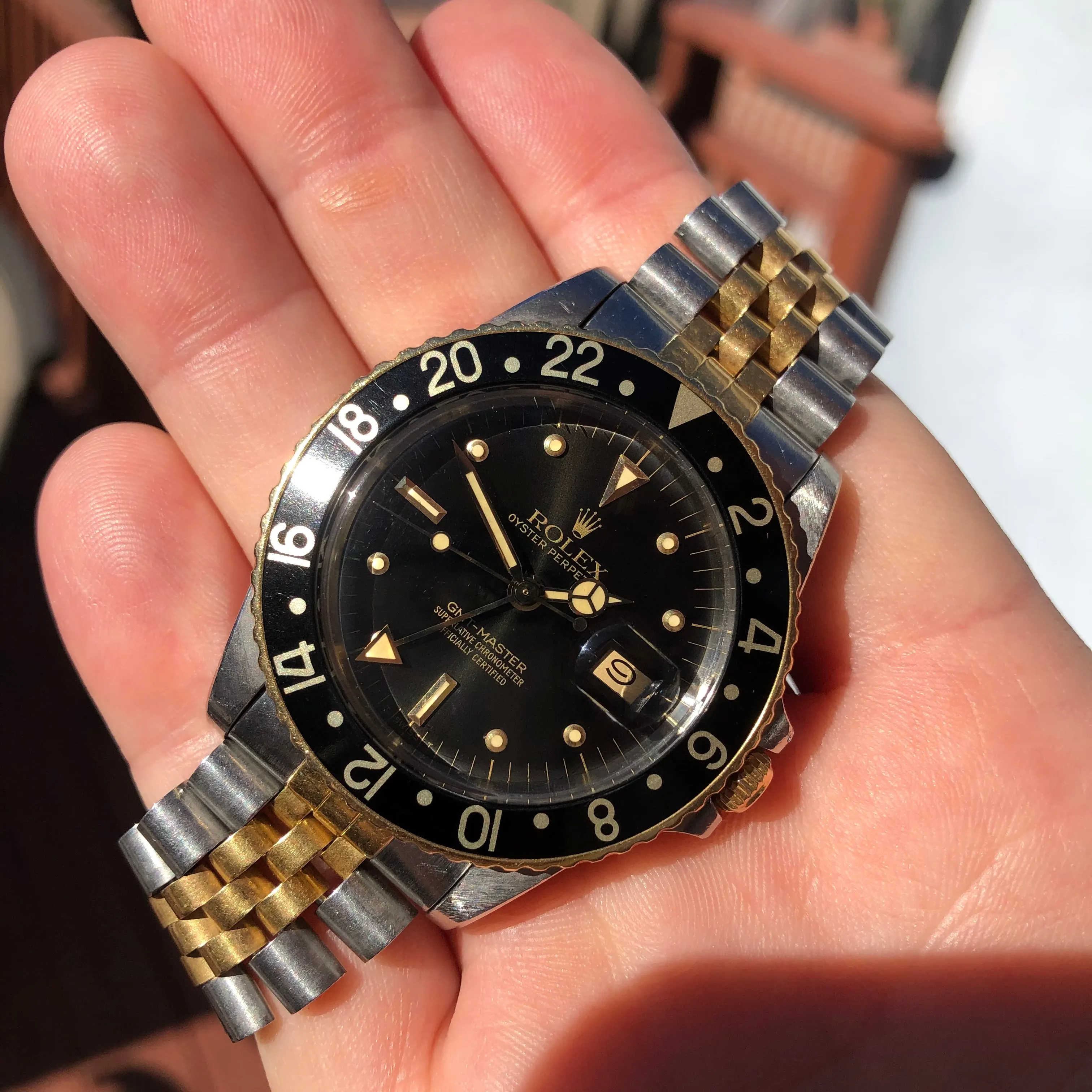 1984 Vintage Rolex GMT MASTER 16753 Black Nipple Tiger Eye Two Tone Jubilee Wristwatch