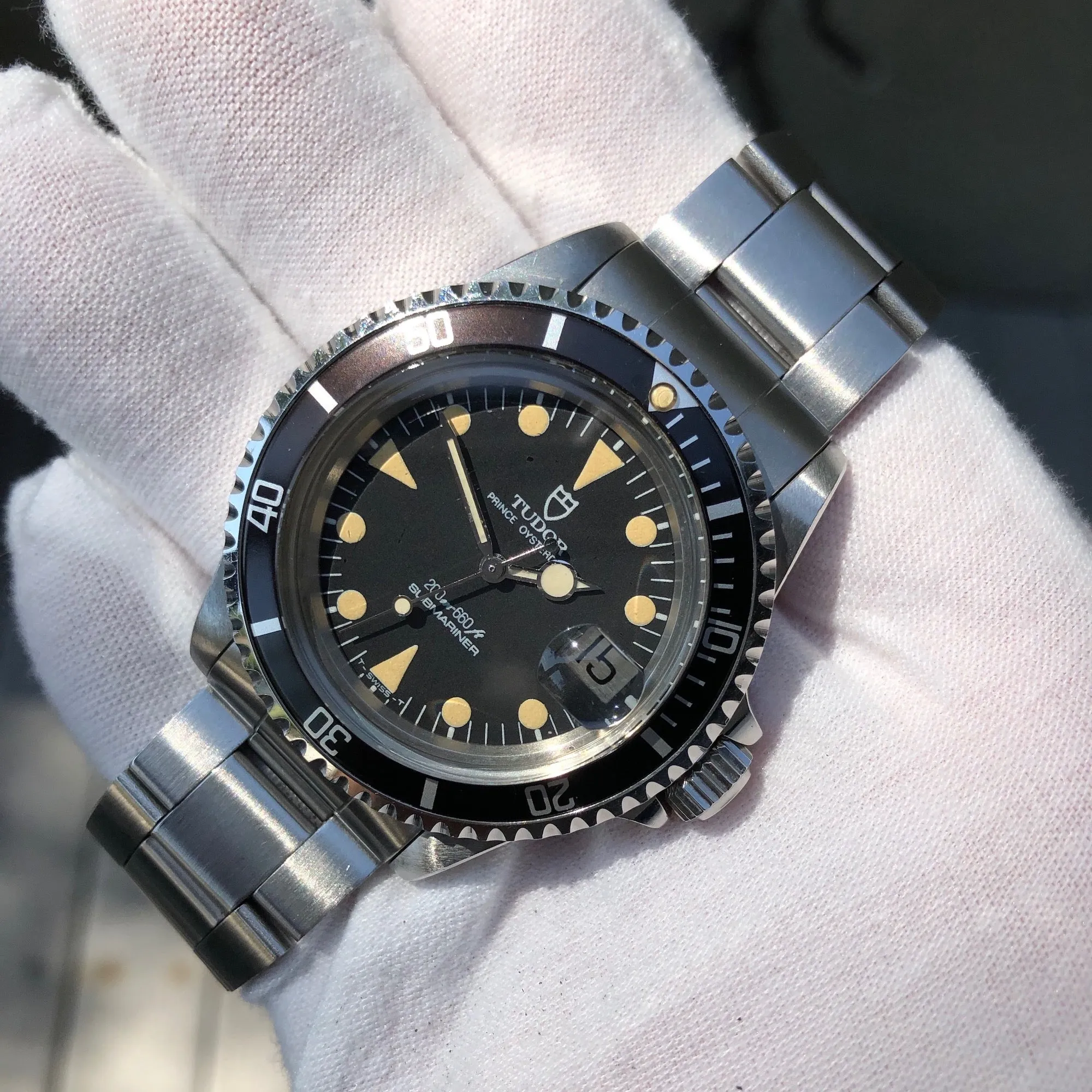 1985 Tudor Submariner 76100 Lollipop Black Dial Tropical Wristwatch Papers Unpolished