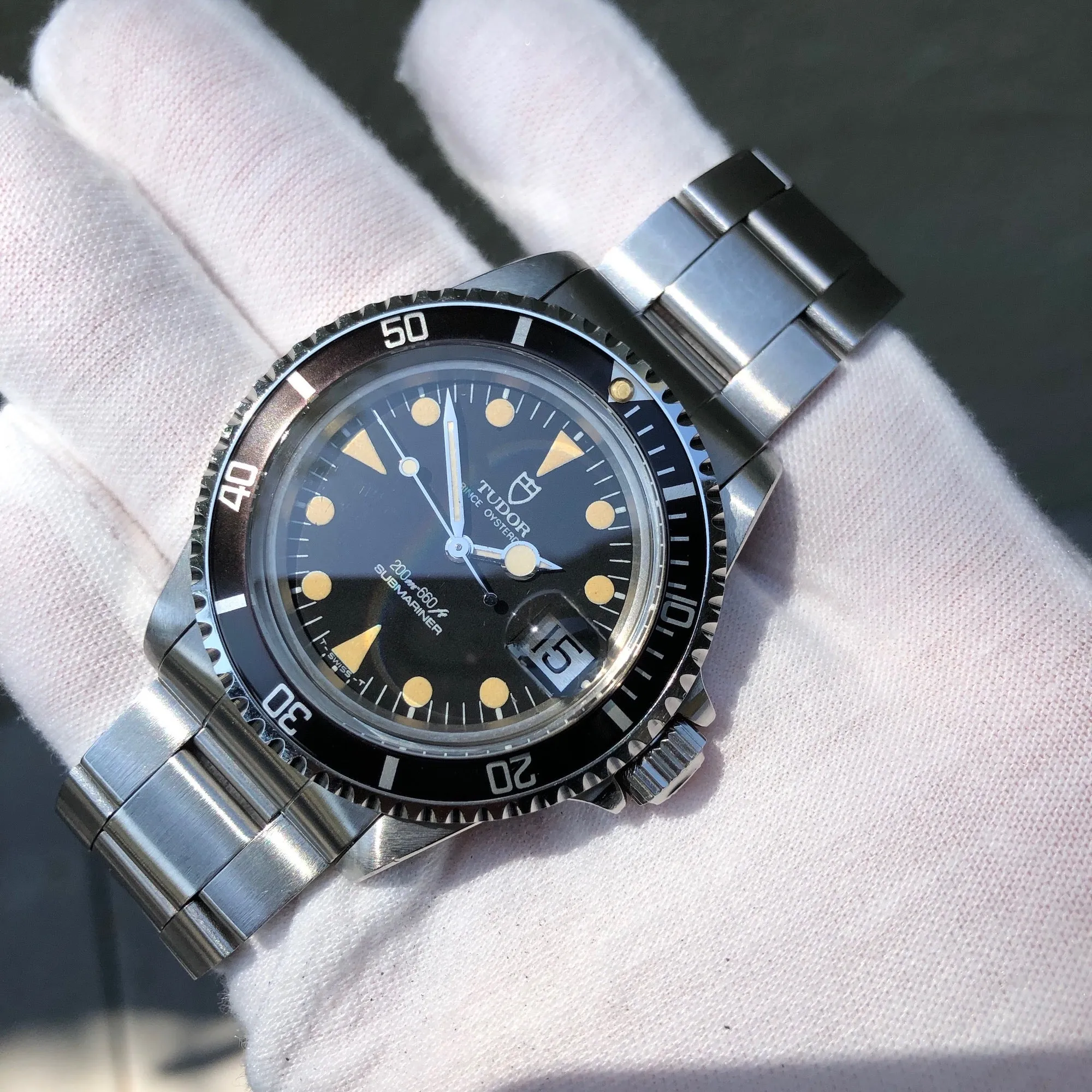 1985 Tudor Submariner 76100 Lollipop Black Dial Tropical Wristwatch Papers Unpolished