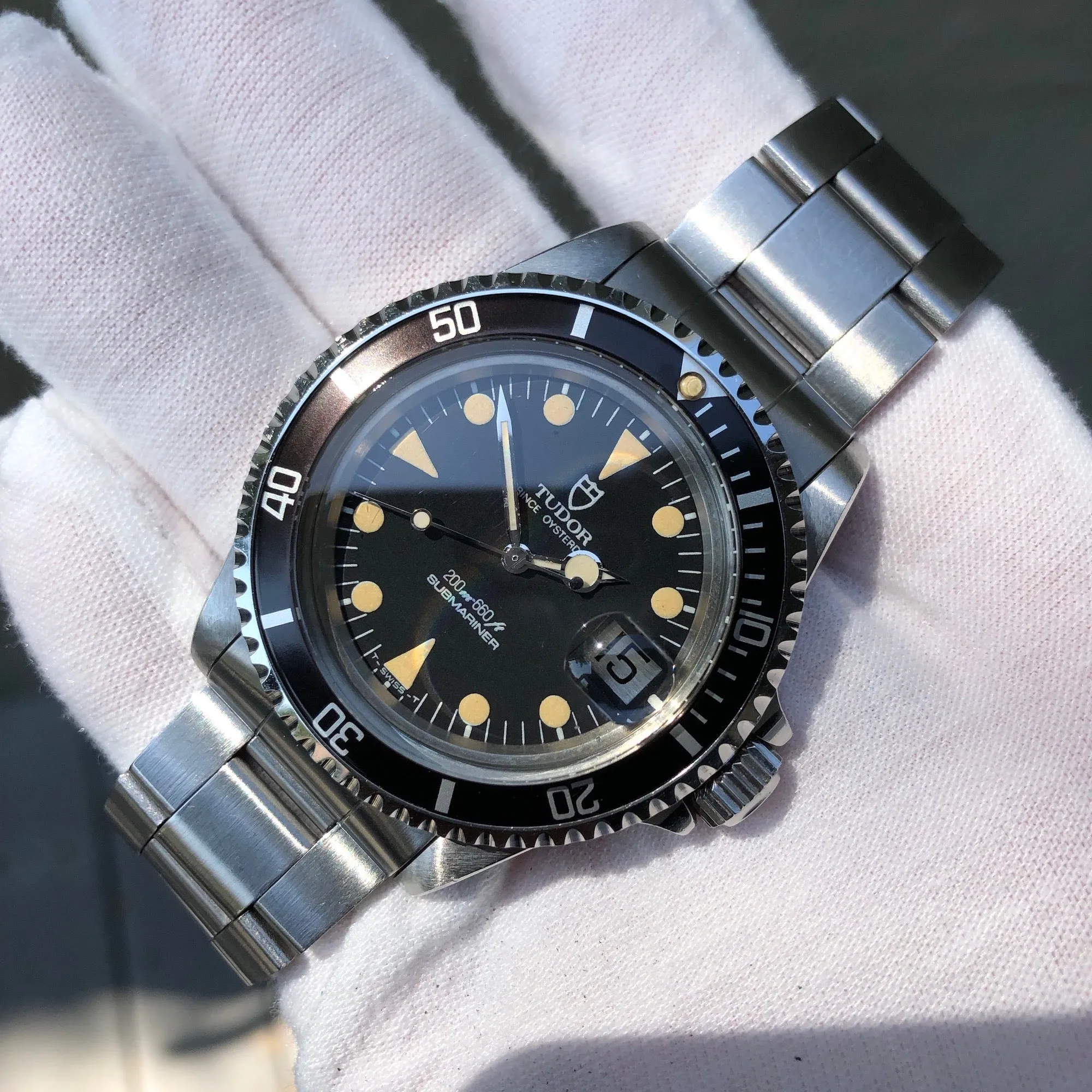 1985 Tudor Submariner 76100 Lollipop Black Dial Tropical Wristwatch Papers Unpolished