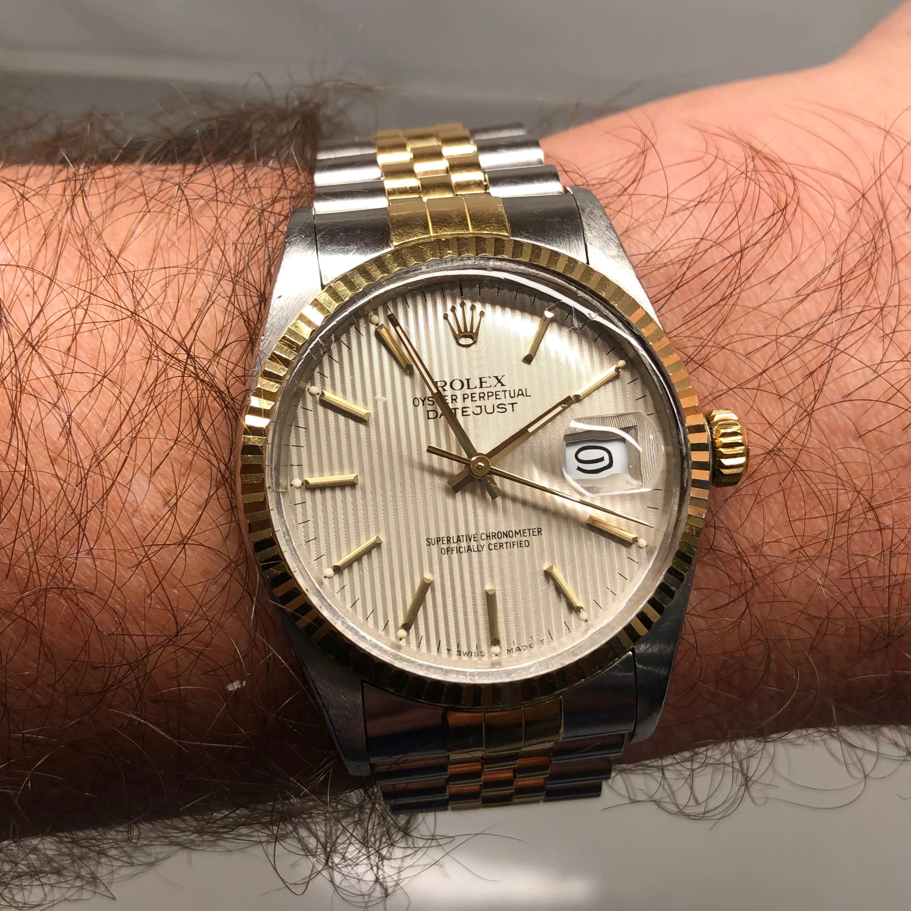 1986 Rolex Datejust 16013 Silver Tapestry Two Tone Jubilee Wristwatch with Box and Papers