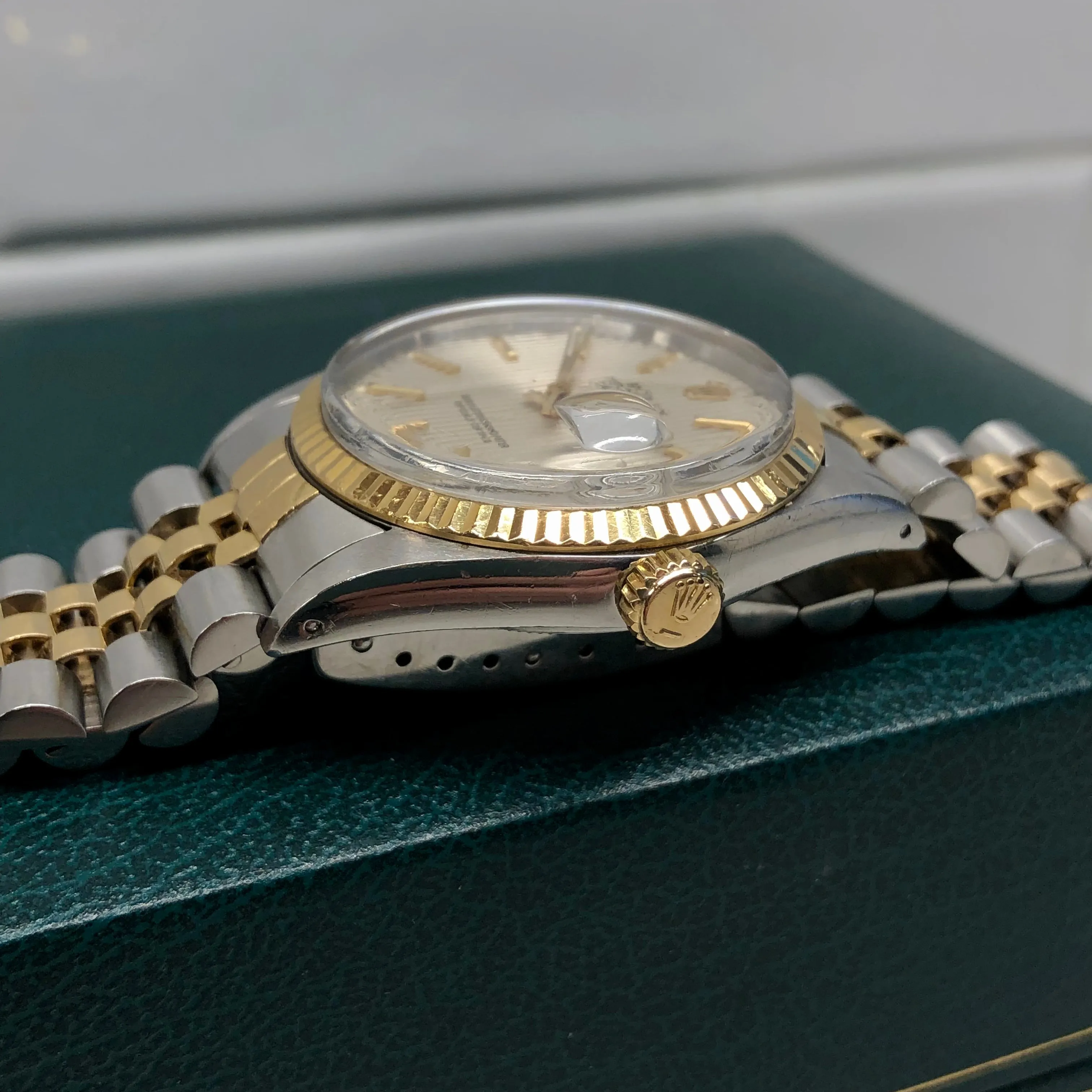1986 Rolex Datejust 16013 Silver Tapestry Two Tone Jubilee Wristwatch with Box and Papers