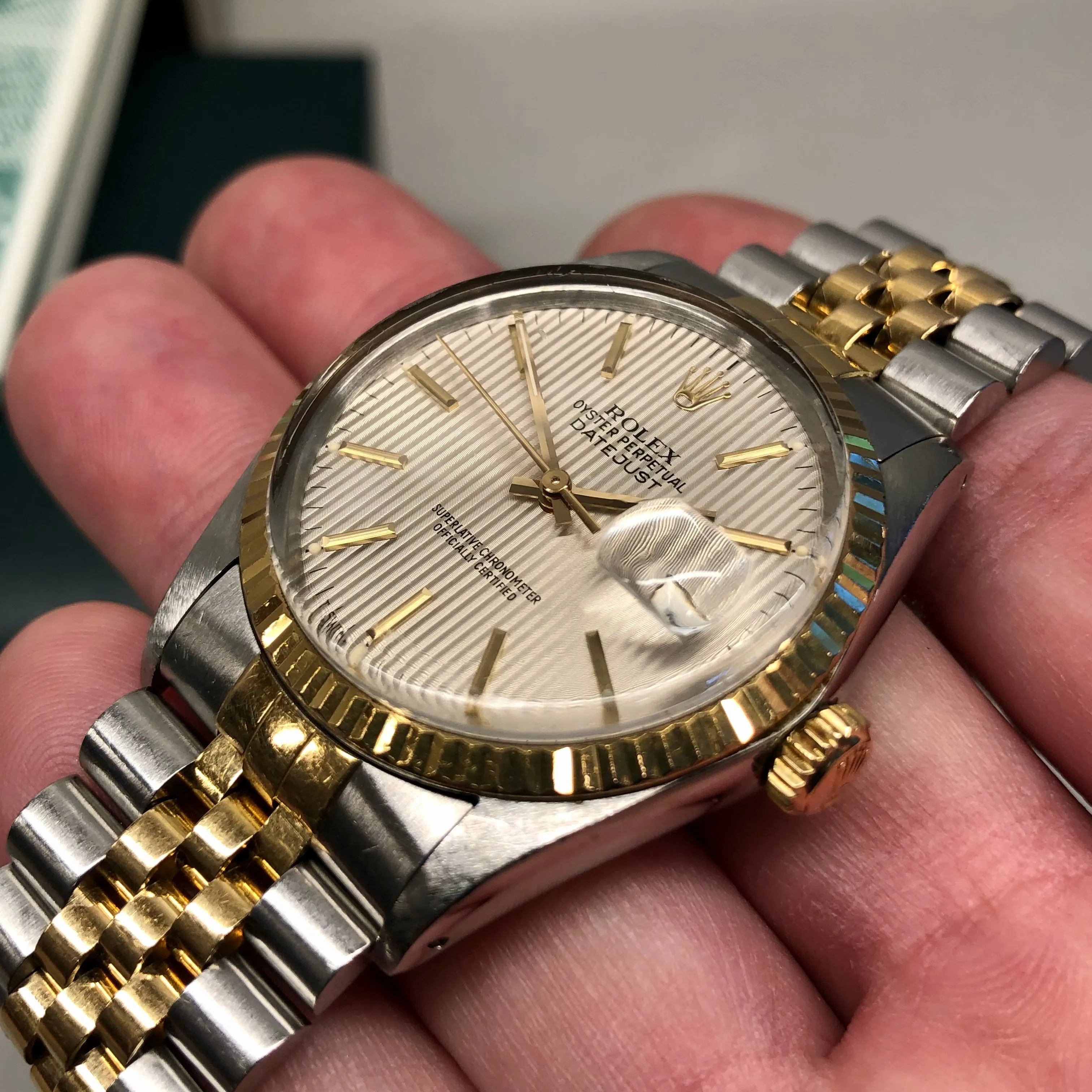 1986 Rolex Datejust 16013 Silver Tapestry Two Tone Jubilee Wristwatch with Box and Papers