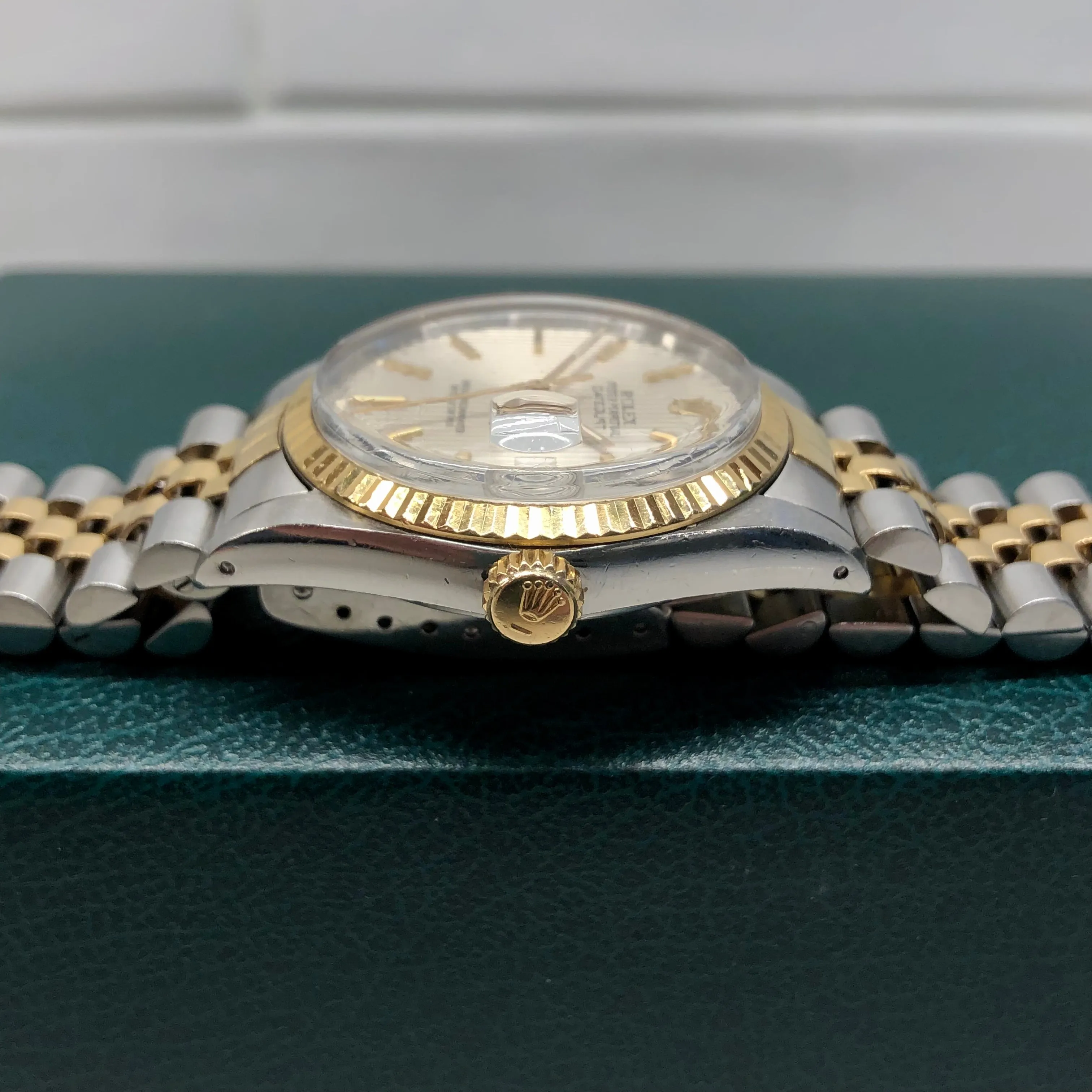 1986 Rolex Datejust 16013 Silver Tapestry Two Tone Jubilee Wristwatch with Box and Papers
