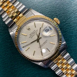 1986 Rolex Datejust 16013 Silver Tapestry Two Tone Jubilee Wristwatch with Box and Papers