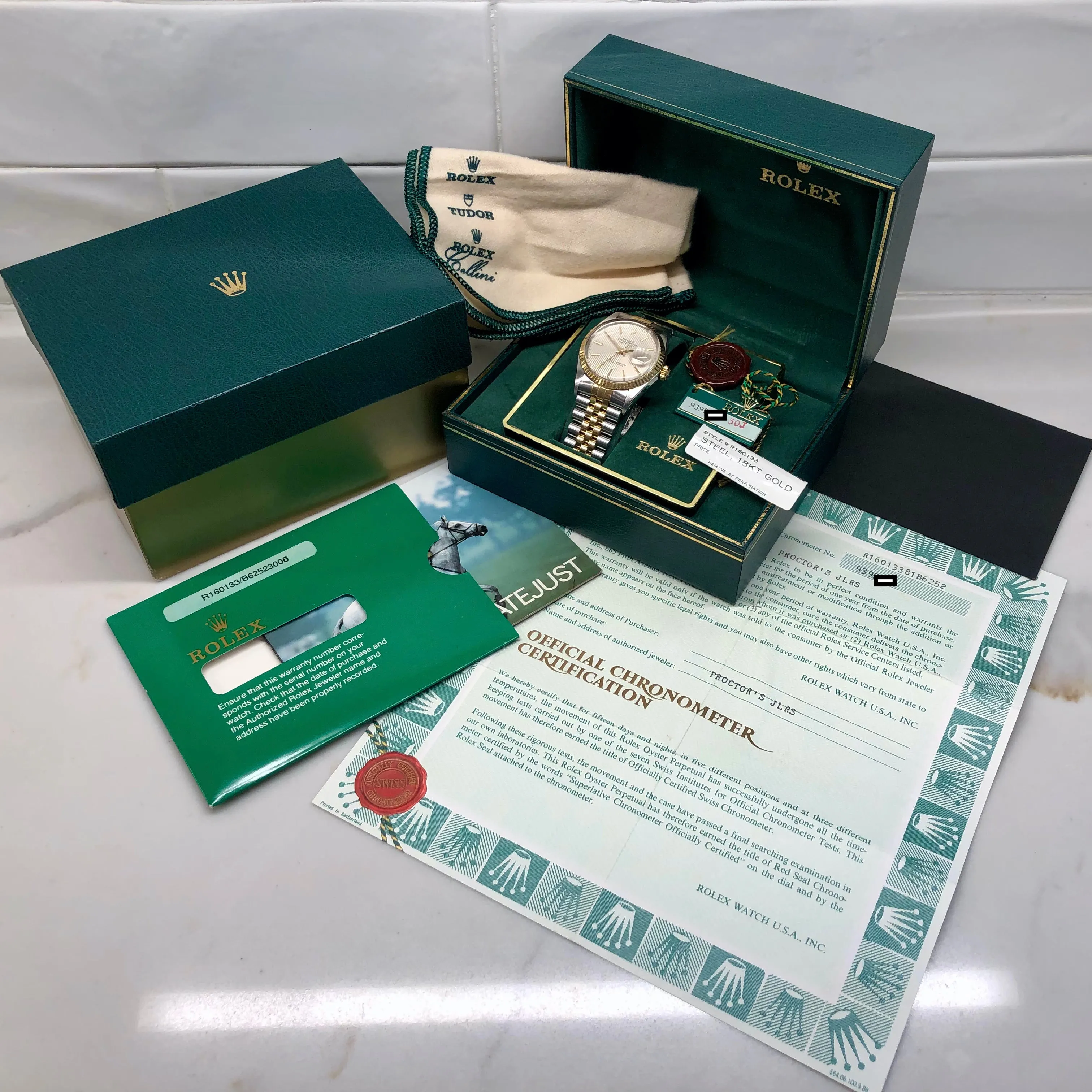 1986 Rolex Datejust 16013 Silver Tapestry Two Tone Jubilee Wristwatch with Box and Papers