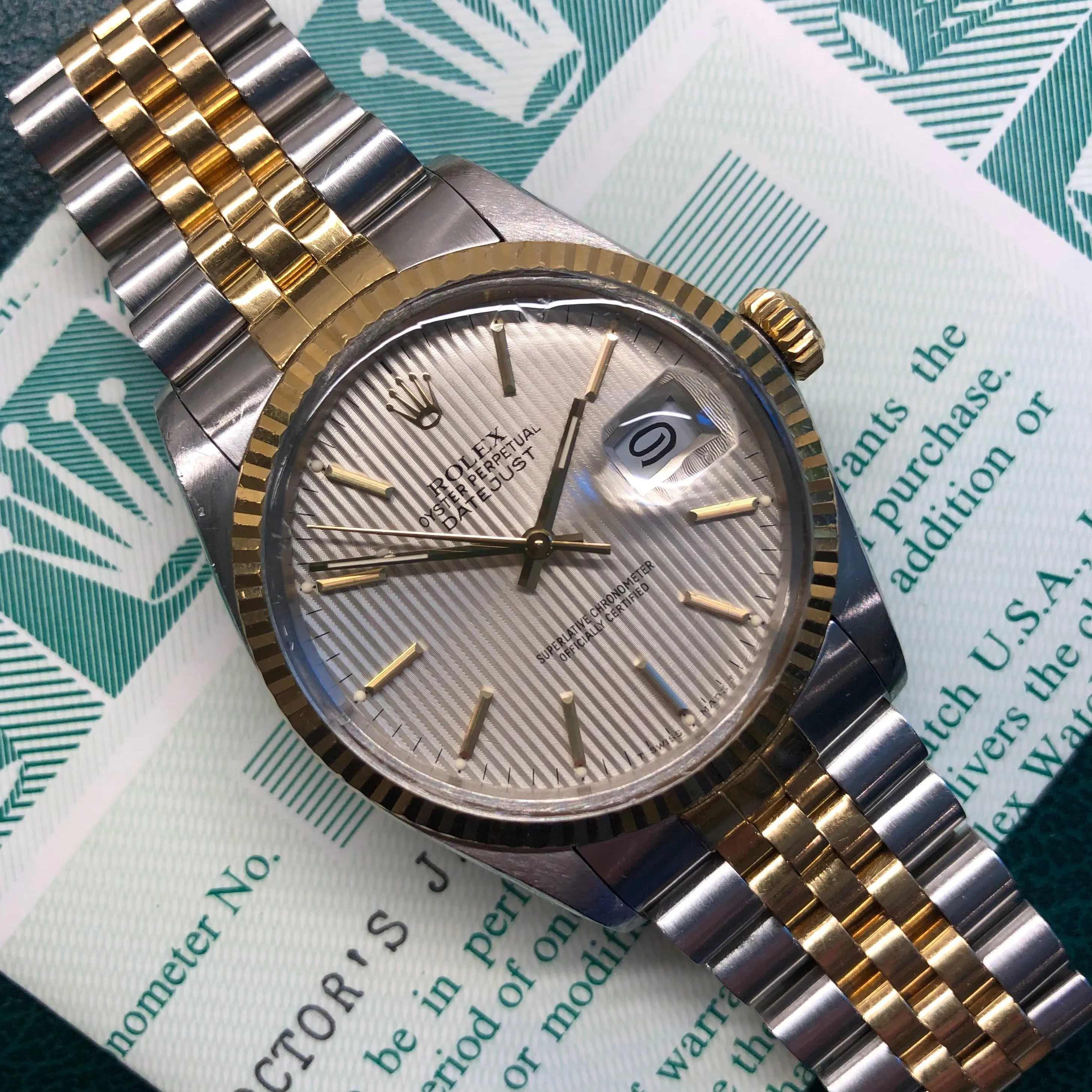 1986 Rolex Datejust 16013 Silver Tapestry Two Tone Jubilee Wristwatch with Box and Papers