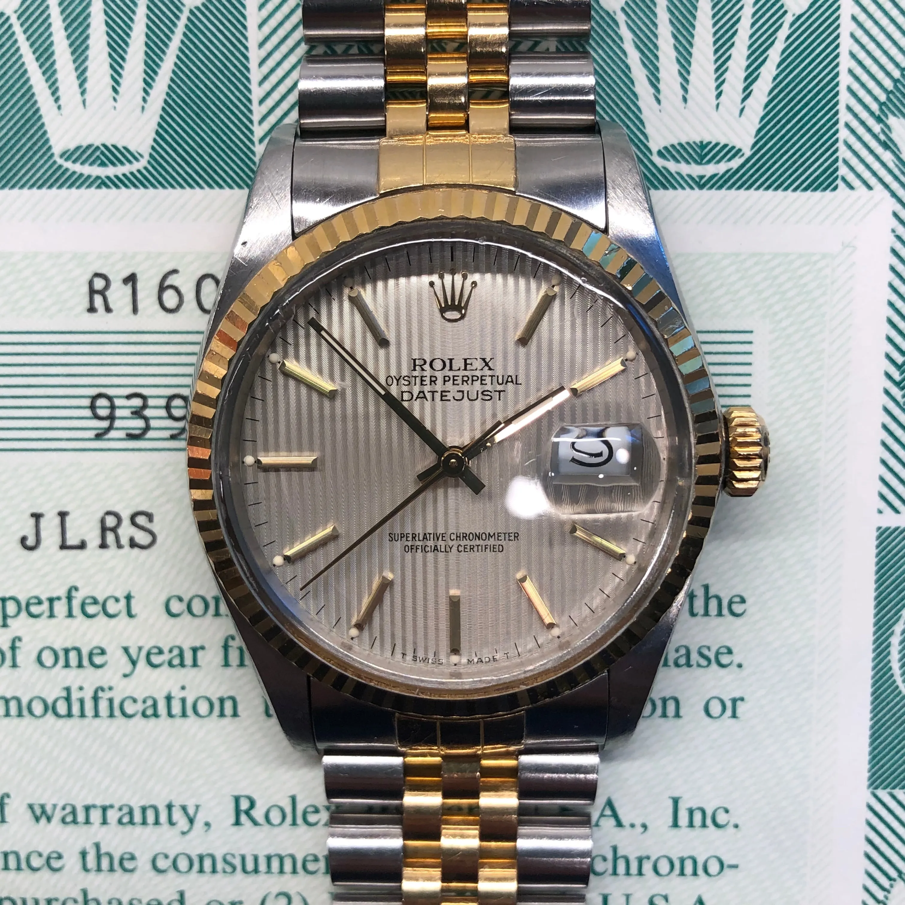 1986 Rolex Datejust 16013 Silver Tapestry Two Tone Jubilee Wristwatch with Box and Papers