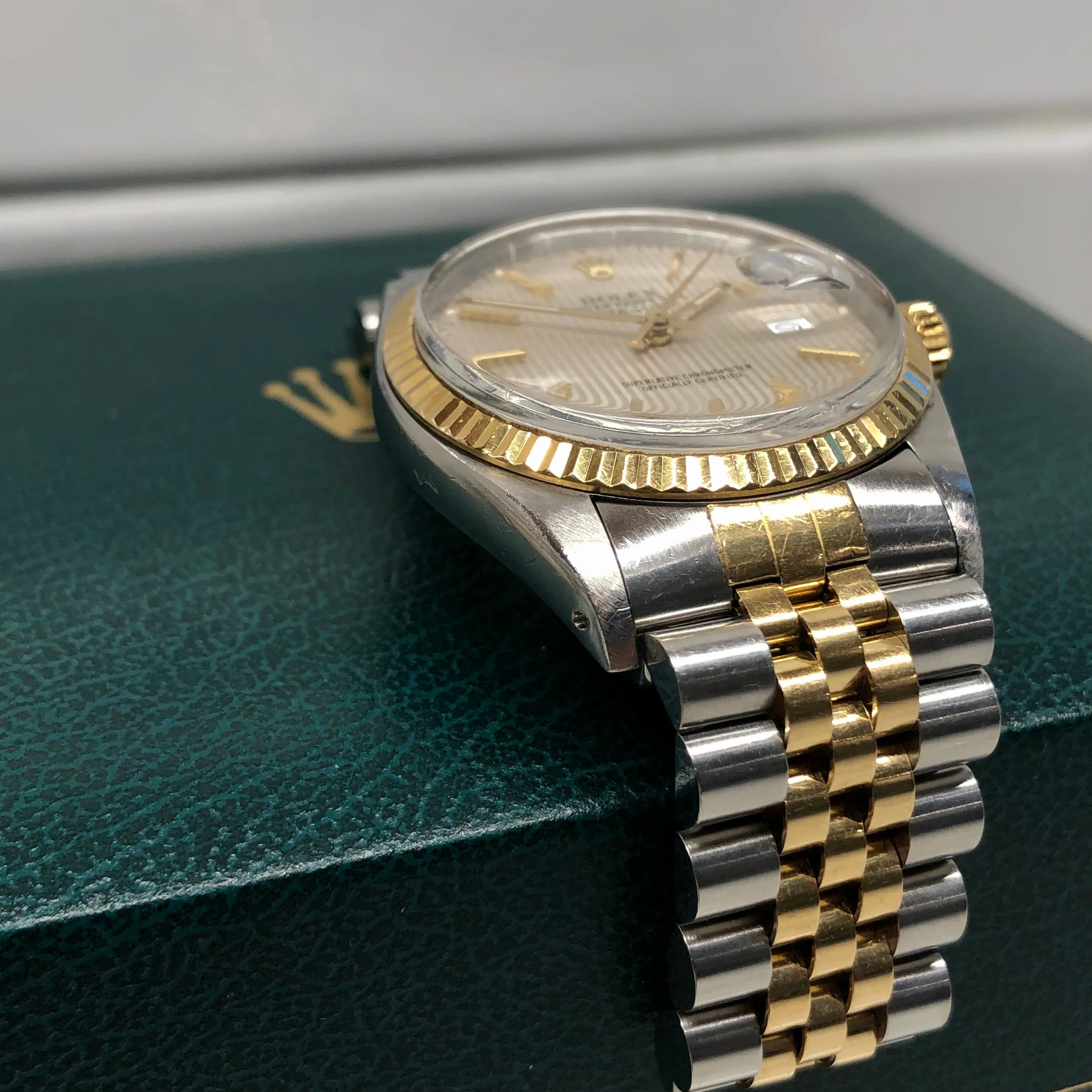 1986 Rolex Datejust 16013 Silver Tapestry Two Tone Jubilee Wristwatch with Box and Papers