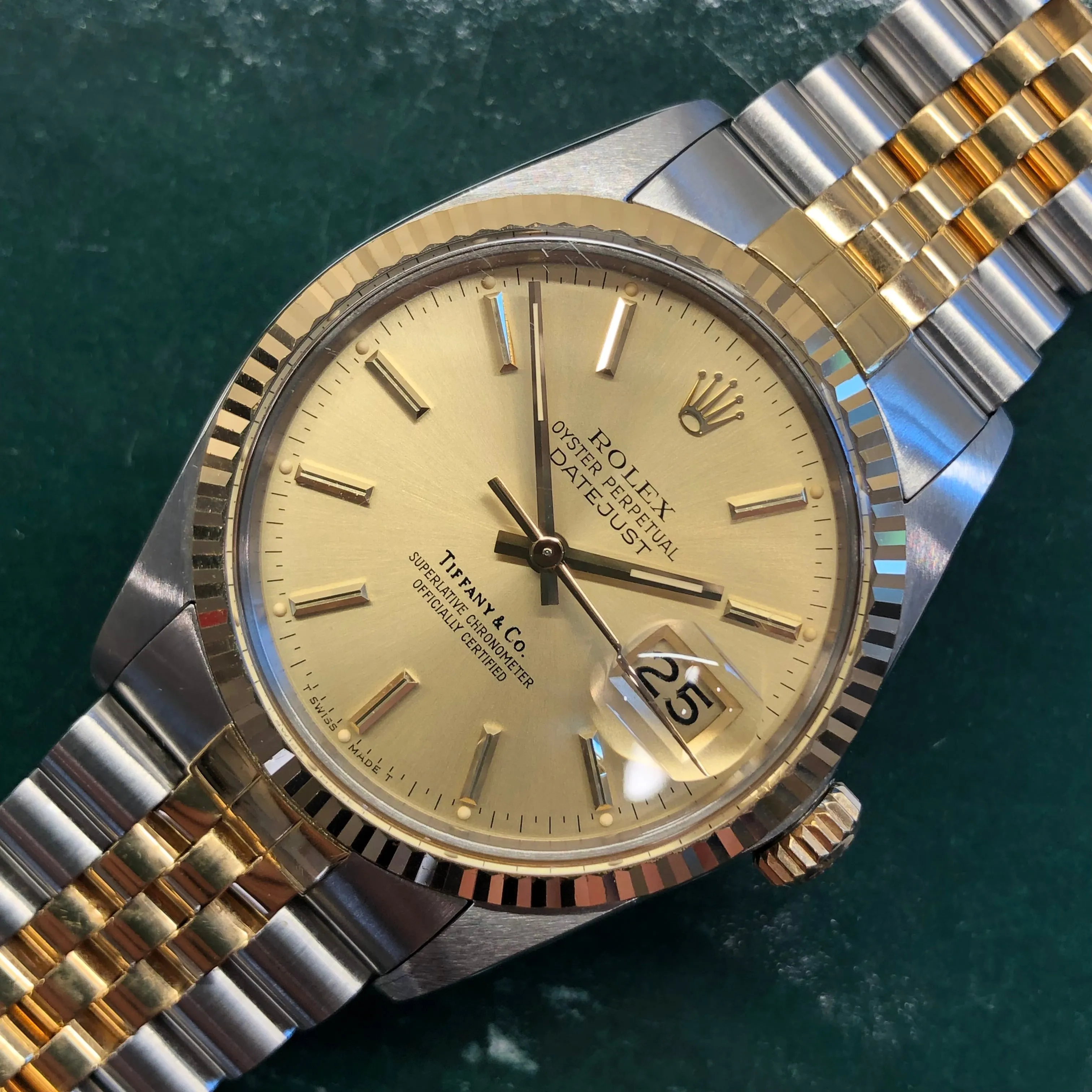 1986 Rolex Datejust 16013 Two Tone Tiffany & Co. Champagne Dial Jubilee Automatic Wristwatch