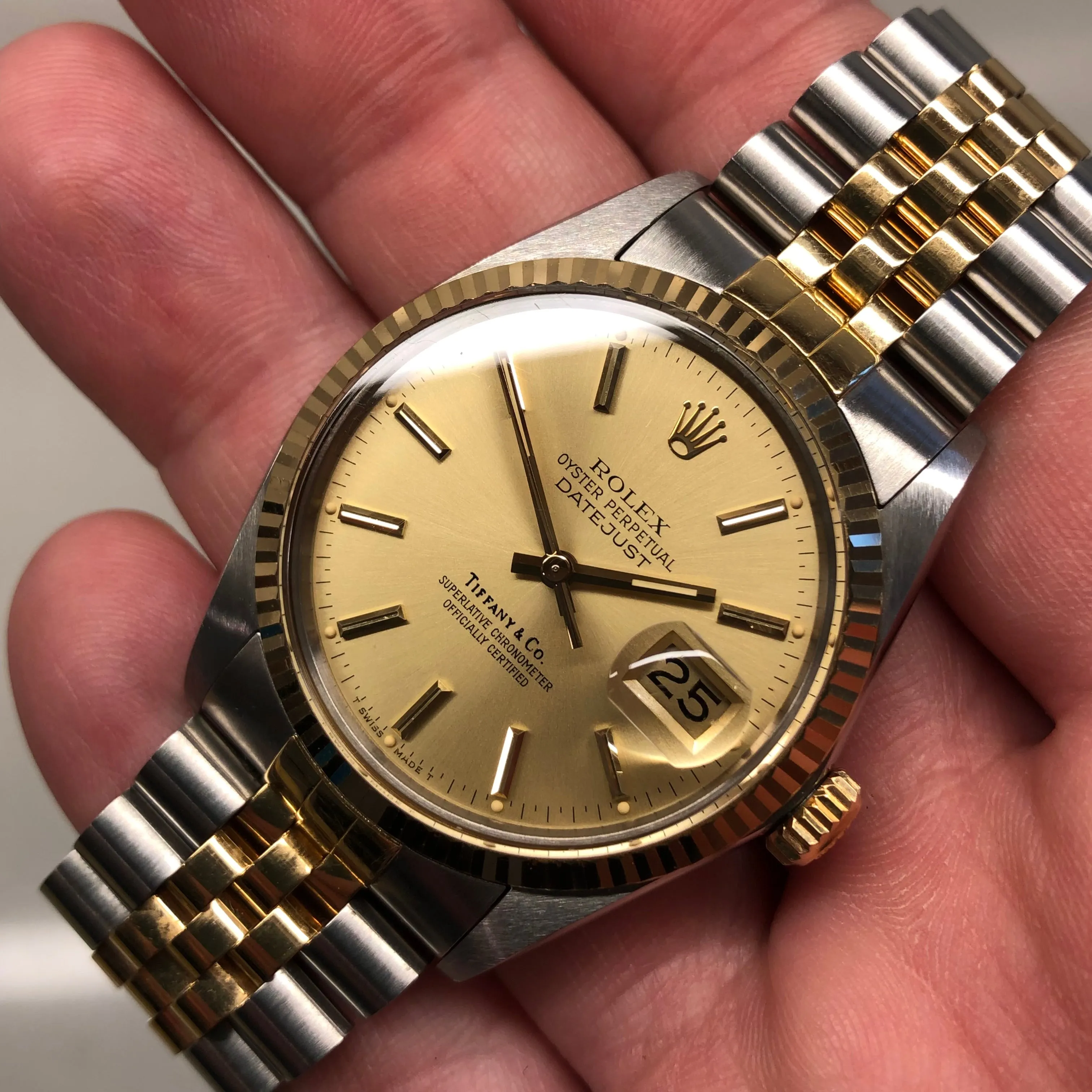 1986 Rolex Datejust 16013 Two Tone Tiffany & Co. Champagne Dial Jubilee Automatic Wristwatch