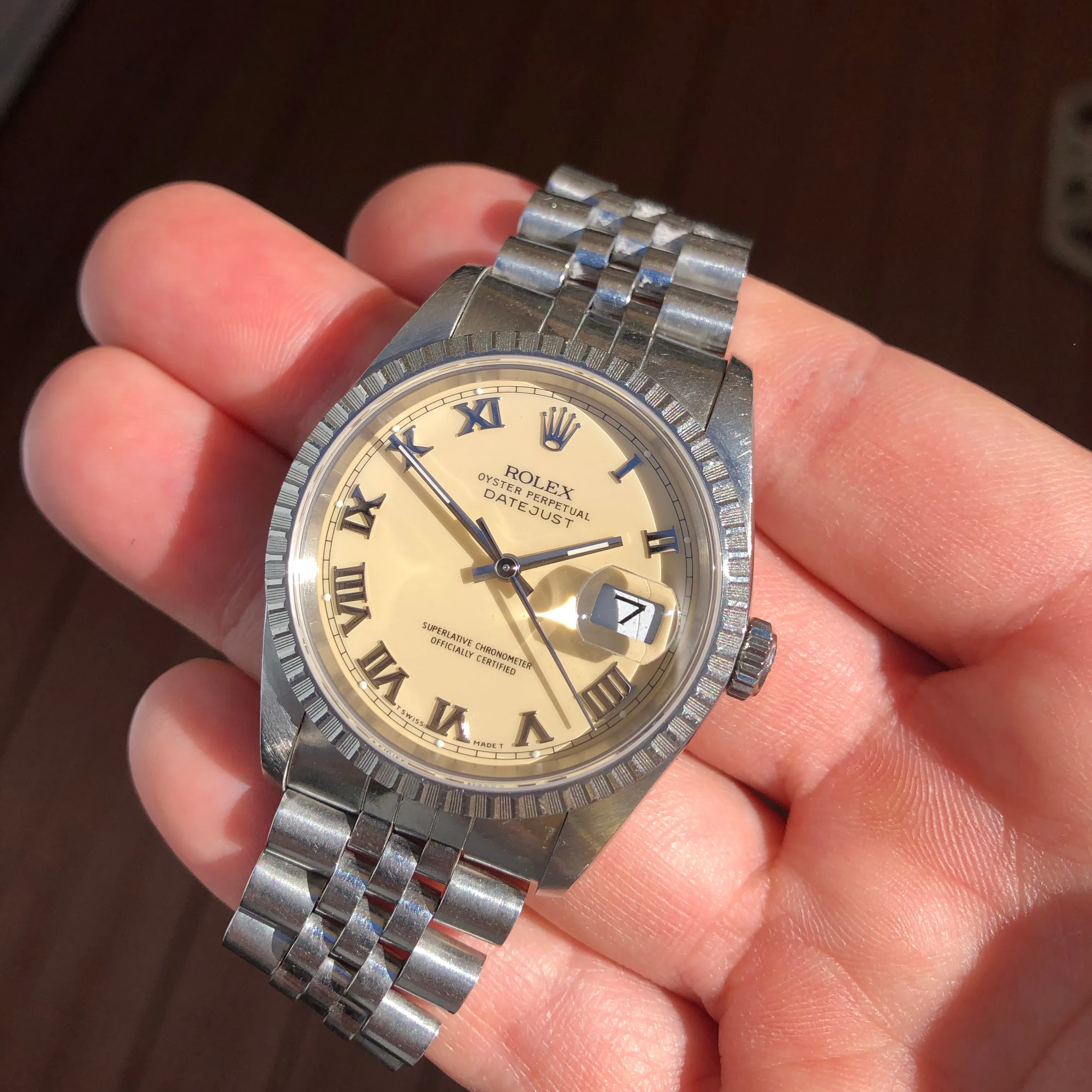 1989 Vintage Rolex Datejust 16220 Cream Jubilee Steel Engine Turned Automatic Wristwatch