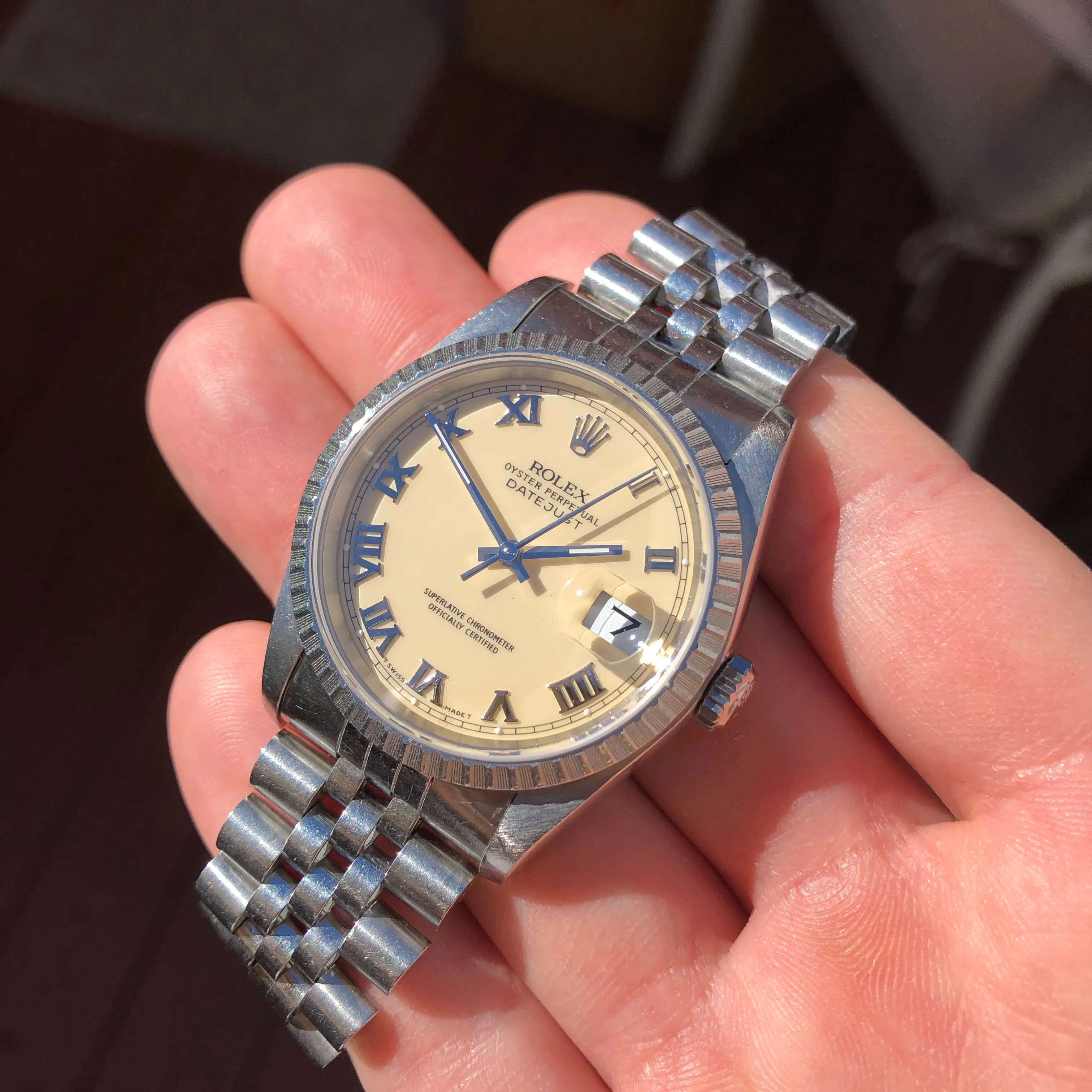 1989 Vintage Rolex Datejust 16220 Cream Jubilee Steel Engine Turned Automatic Wristwatch