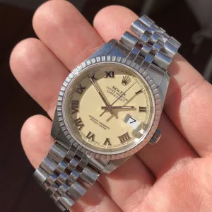 1989 Vintage Rolex Datejust 16220 Cream Jubilee Steel Engine Turned Automatic Wristwatch