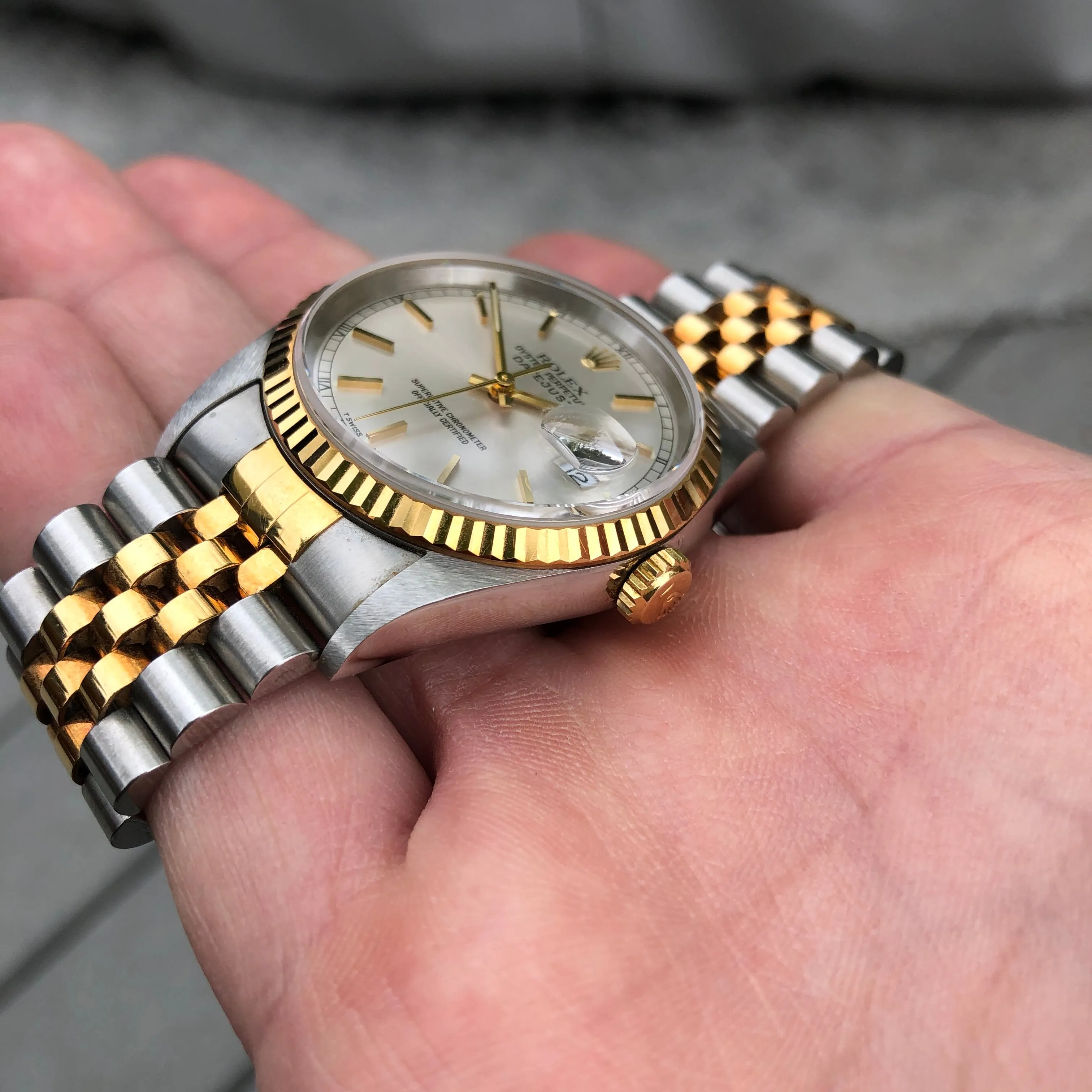 1995 Rolex Datejust 16233 Silver Steel Gold Two Tone Jubilee Automatic Wristwatch Box Papers