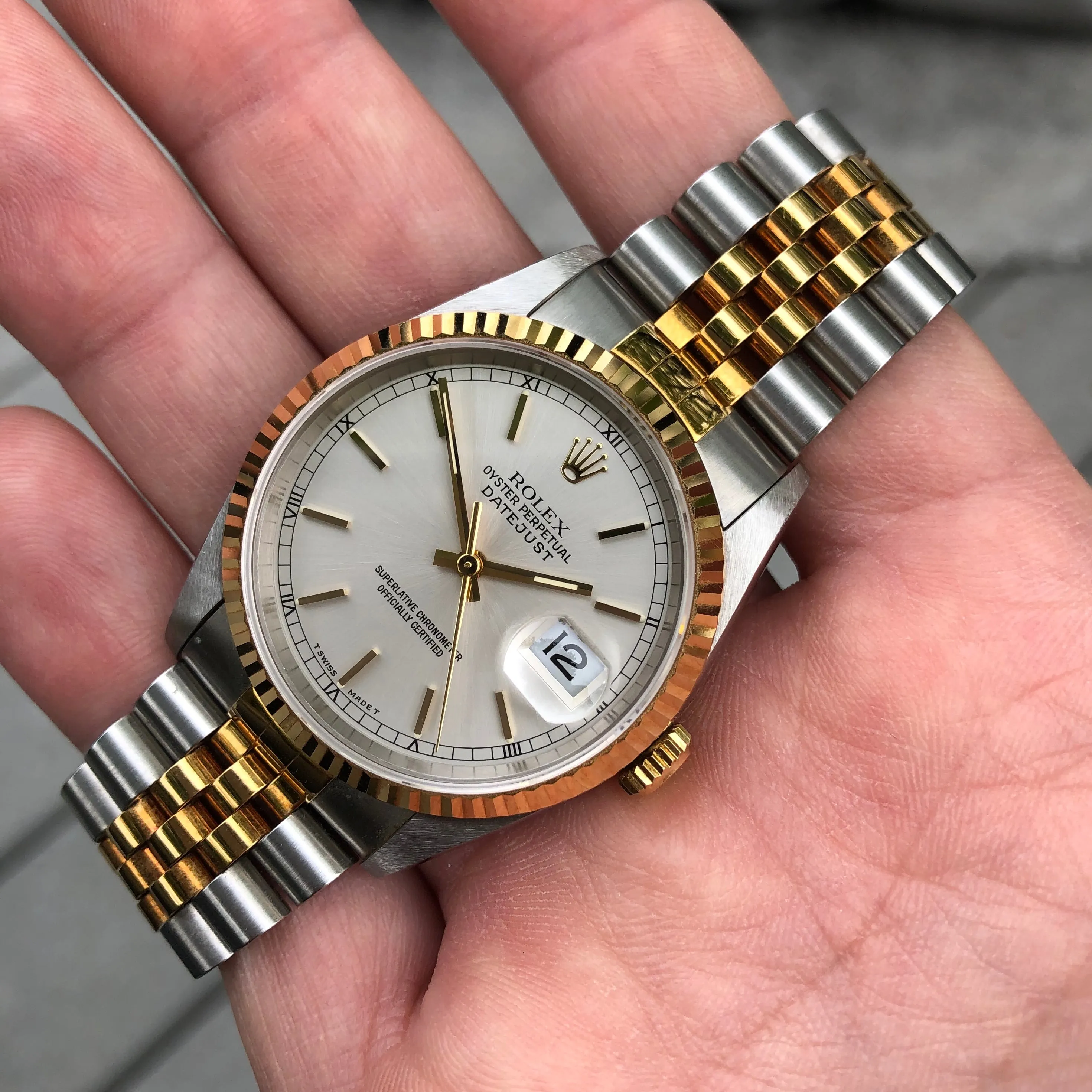 1995 Rolex Datejust 16233 Silver Steel Gold Two Tone Jubilee Automatic Wristwatch Box Papers