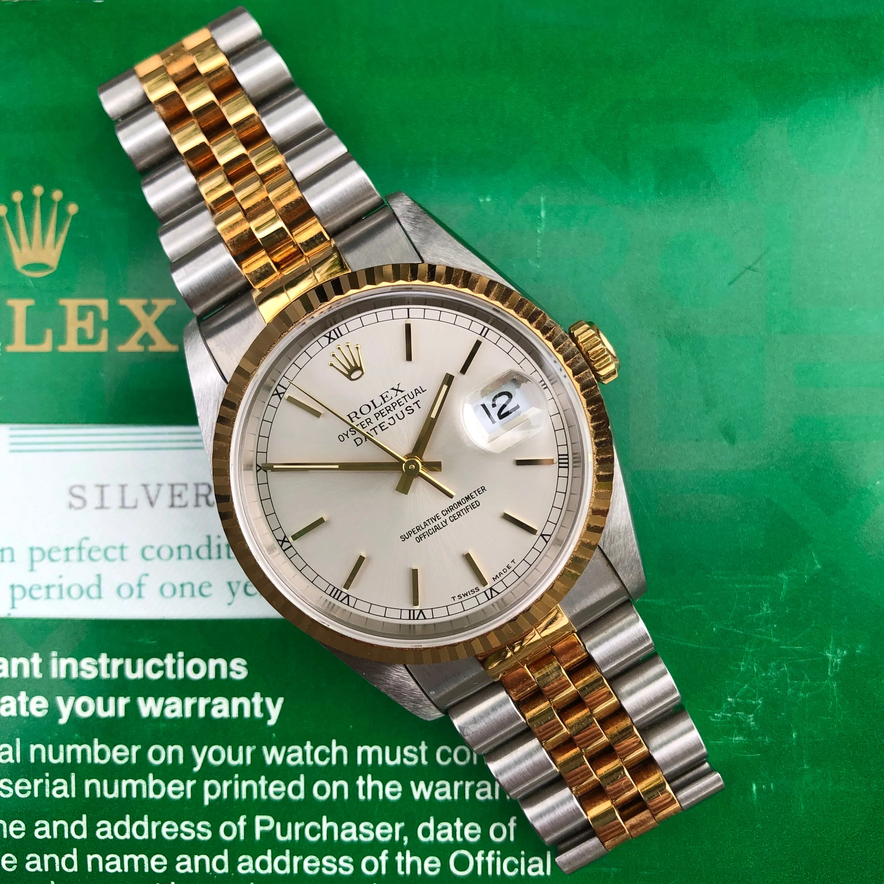 1995 Rolex Datejust 16233 Silver Steel Gold Two Tone Jubilee Automatic Wristwatch Box Papers