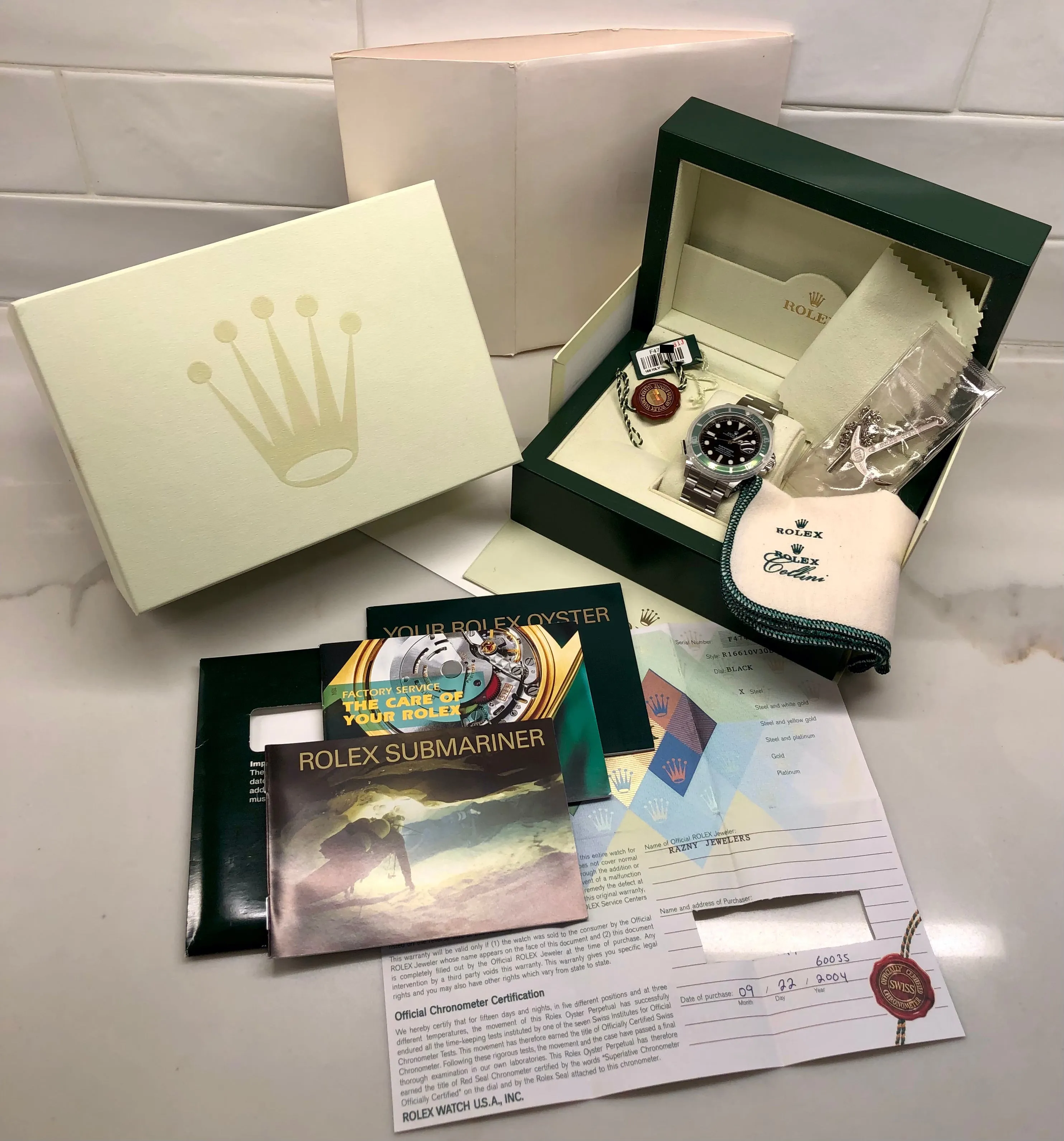 2004 Rolex Submariner 16610LV Kermit Flat Four Green Bezel 50th Anniversary Wristwatch with Box and Papers