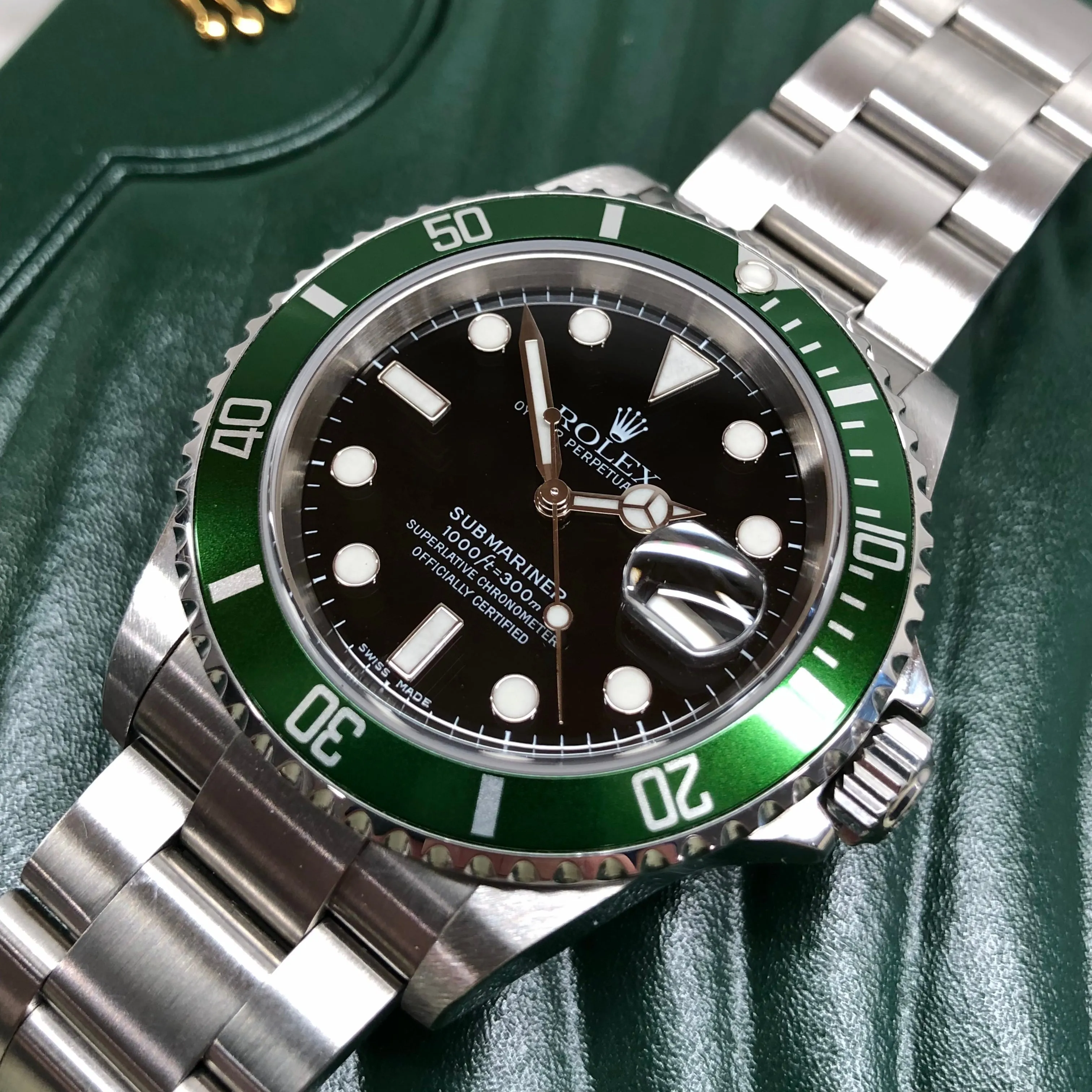 2004 Rolex Submariner 16610LV Kermit Flat Four Green Bezel 50th Anniversary Wristwatch with Box and Papers