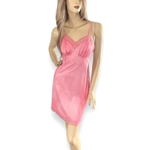 60s VTG Vanity Fair Pink Hand Dyed Barbiecore‎ Slip Dress S
