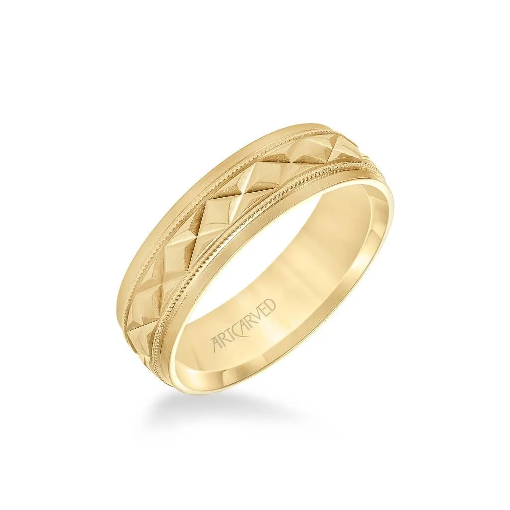 6.5MM Men's Wedding Band - Brush Milgrain Finish with Swiss Cut X Design and Flat Edge