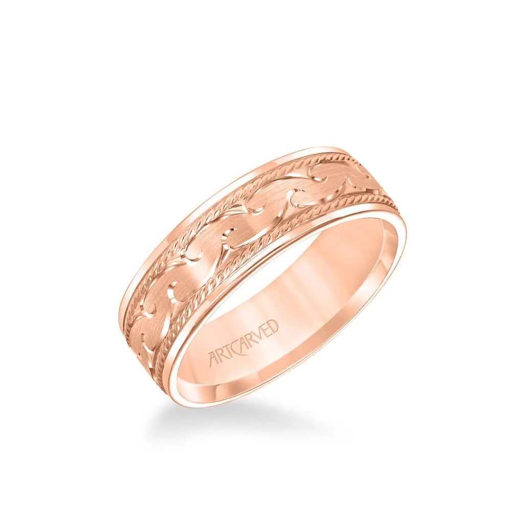 7MM Men's Wedding Band - Engraved Design with Rope Detailing and Flat Edge