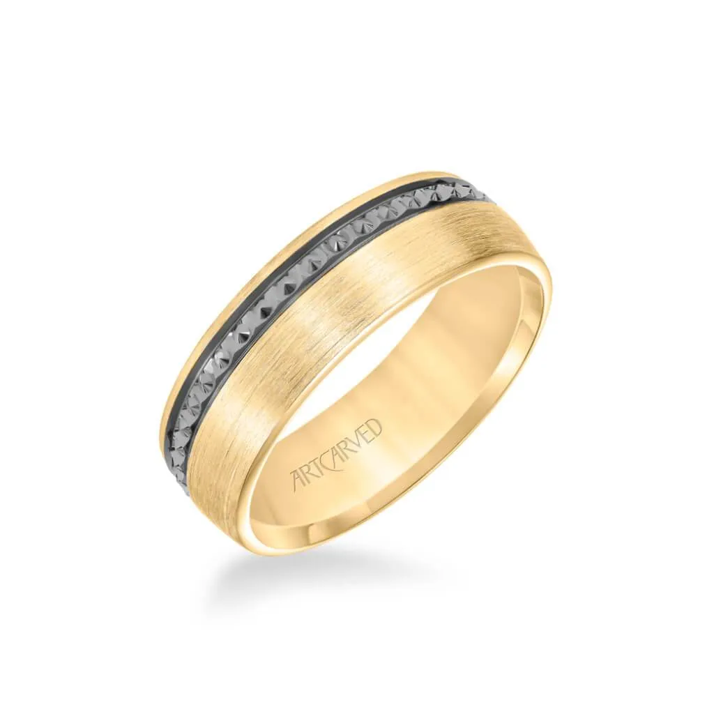 7MM Men's Wedding Band - Satin Soft Sand Finish with Textured Black Rhodium and Flat Edge