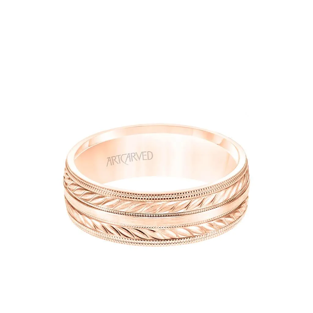 7MM Men's Wedding Band - Wheat Mofif with Milgrain Accents and Milgrain Edge