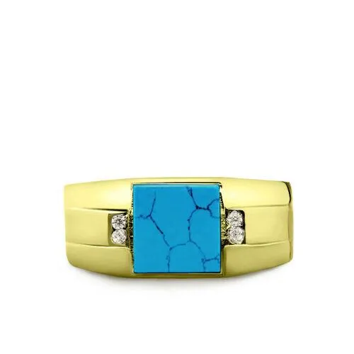925 Solid Silver Mens 18K Gold Plated Real Turquoise Ring With 4 Diamond Accents
