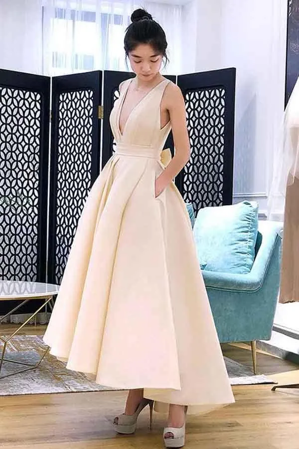 A-line High Low V Neck Short Prom Dress Homecoming Dress HD0063