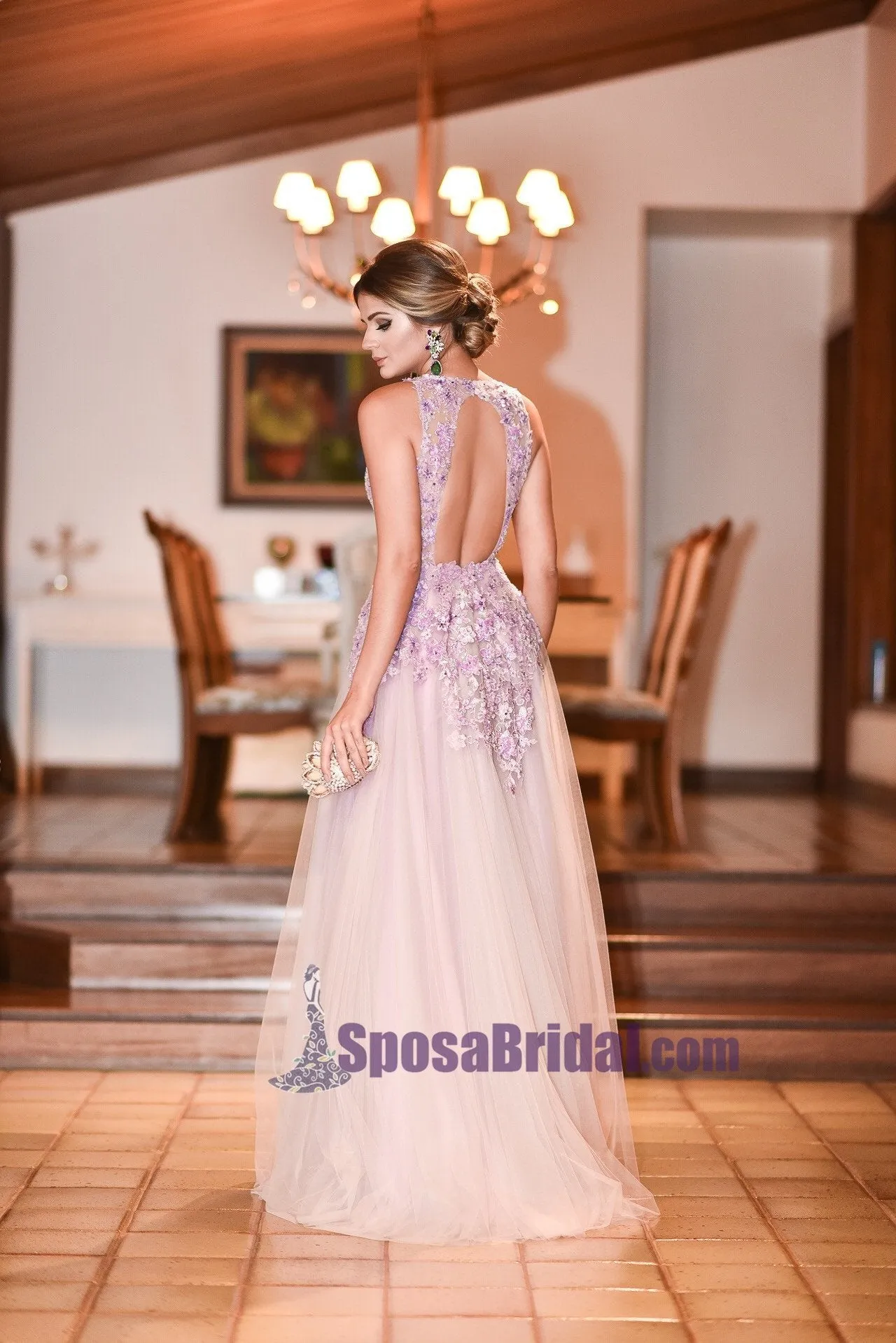 A-Line Open Back Lace V-Neck Tulle Formal Elegant Floor-Length Prom Dresses, Fashion Prom dress, PD0690