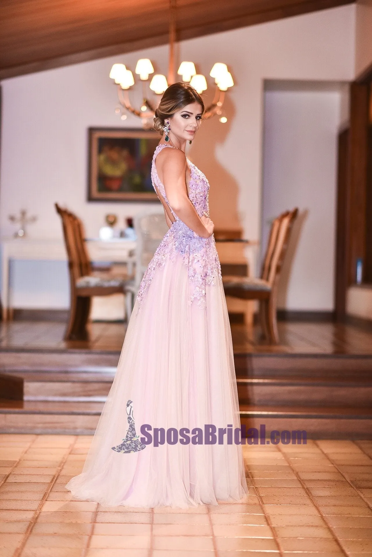 A-Line Open Back Lace V-Neck Tulle Formal Elegant Floor-Length Prom Dresses, Fashion Prom dress, PD0690