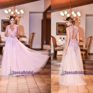 A-Line Open Back Lace V-Neck Tulle Formal Elegant Floor-Length Prom Dresses, Fashion Prom dress, PD0690